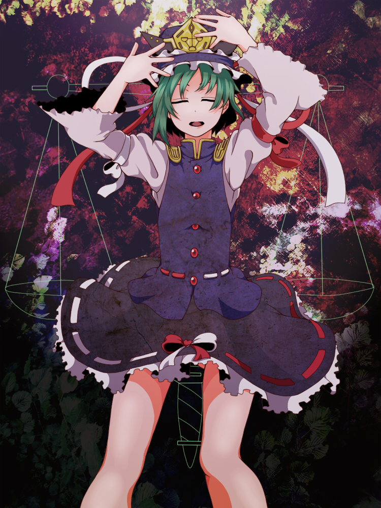tsumidango, tumidago, shiki eiki, touhou, bad id, bad pixiv id, 1girl, closed eyes, female focus, green hair, hat, short hair, solo