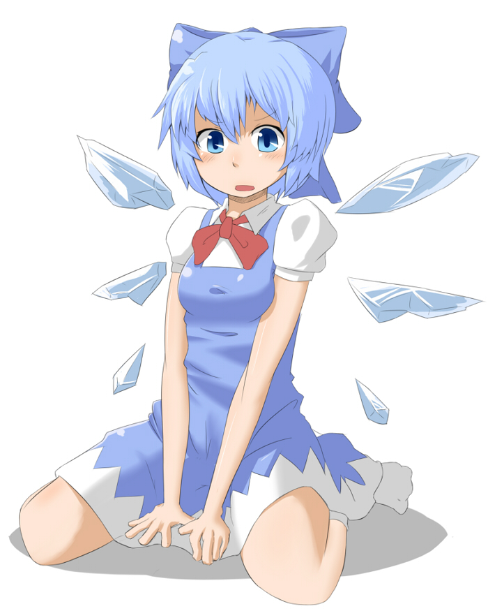wk (low-f), cirno, embodiment of scarlet devil, touhou, bad id, bad pixiv id, 1girl, blue eyes, blue hair, bow, female focus, full body, hair bow, ice, kneeling, matching hair/eyes, short hair, socks, solo, white background, wings