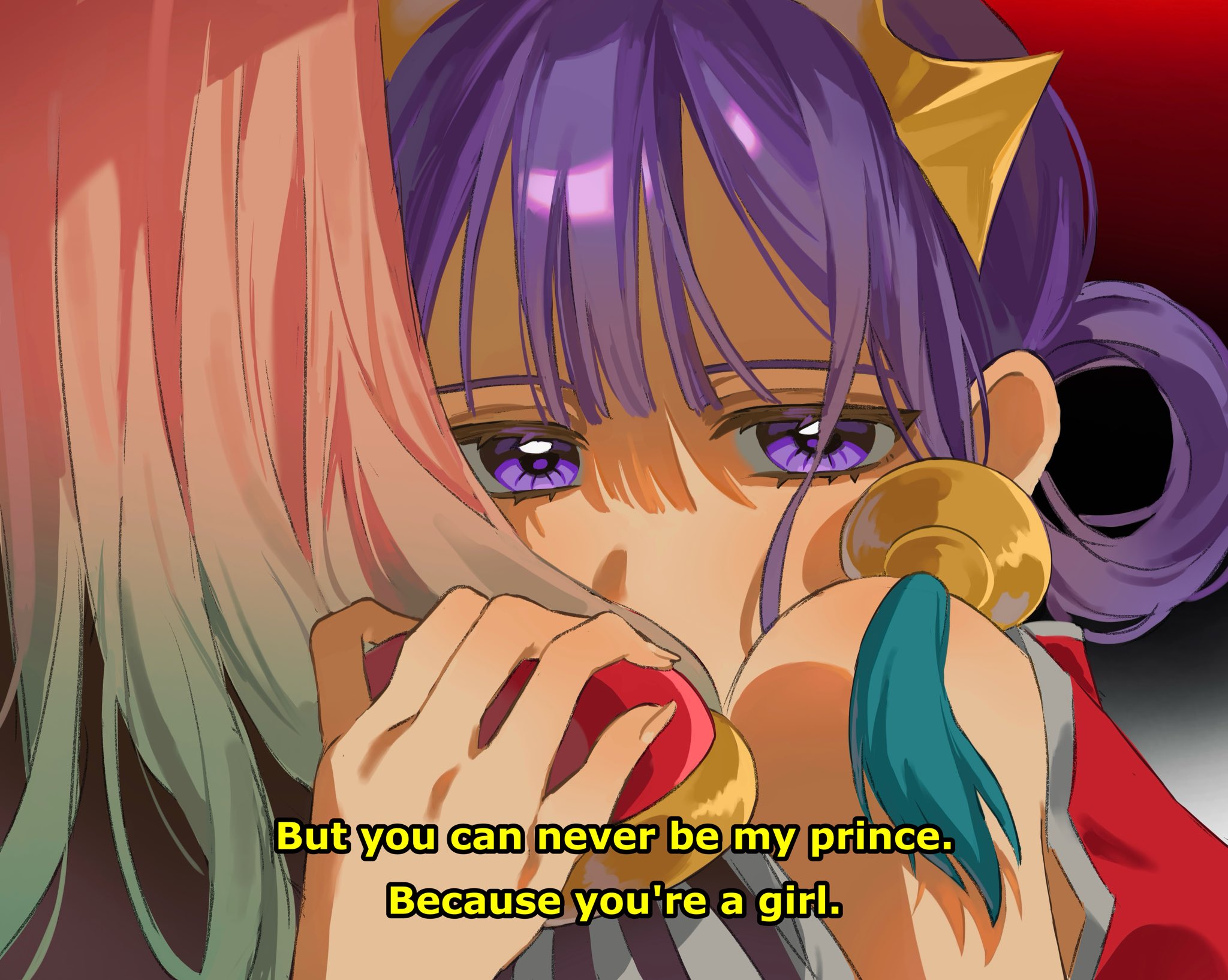 akane aoi, himemiya anthy, tenjou utena, yashiro nene, jibaku shounen hanako-kun, shoujo kakumei utena, commentary, highres, 2girls, cosplay, gradient hair, green hair, hair rings, hand on another's shoulder, himemiya anthy (cosplay), multicolored hair, multiple girls, pink hair, purple eyes, purple hair, ryllychee, subtitled, tenjou utena (cosplay), two-tone hair