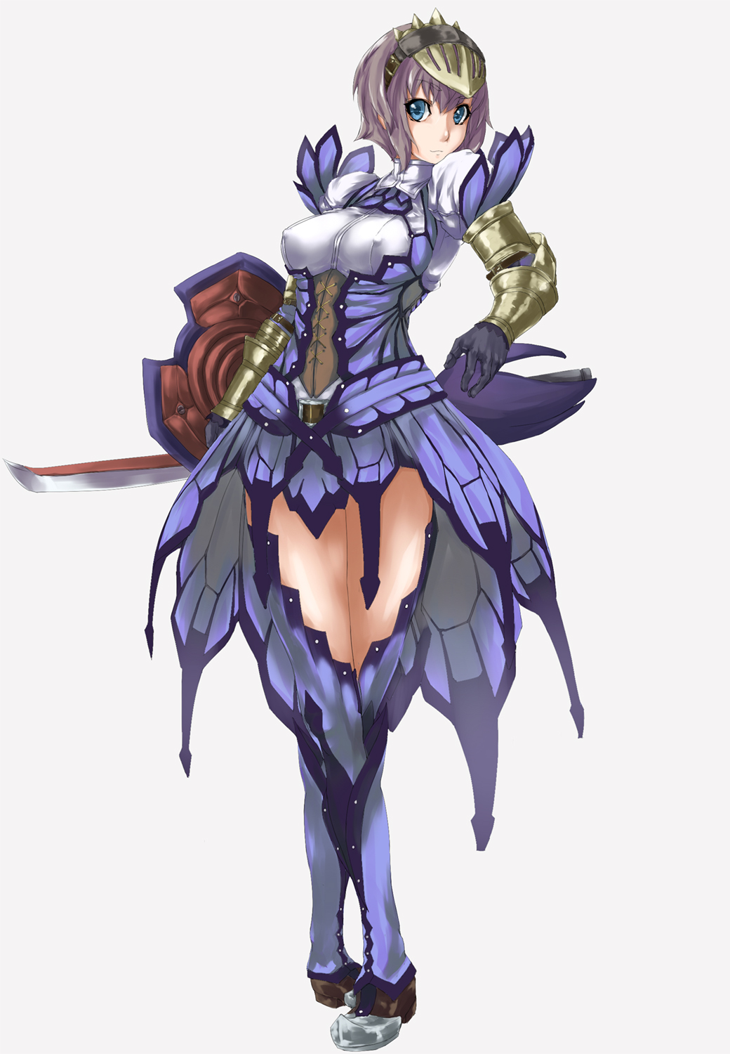 afurichin, capcom, monster hunter (series), monster hunter 3, highres, 1girl, armor, armored dress, blue eyes, bnahabra (armor), breasts, covered erect nipples, dress, female focus, gloves, ingot (armor), pteruges, purple hair, shield, small breasts, solo, sword, thighhighs, weapon, white background