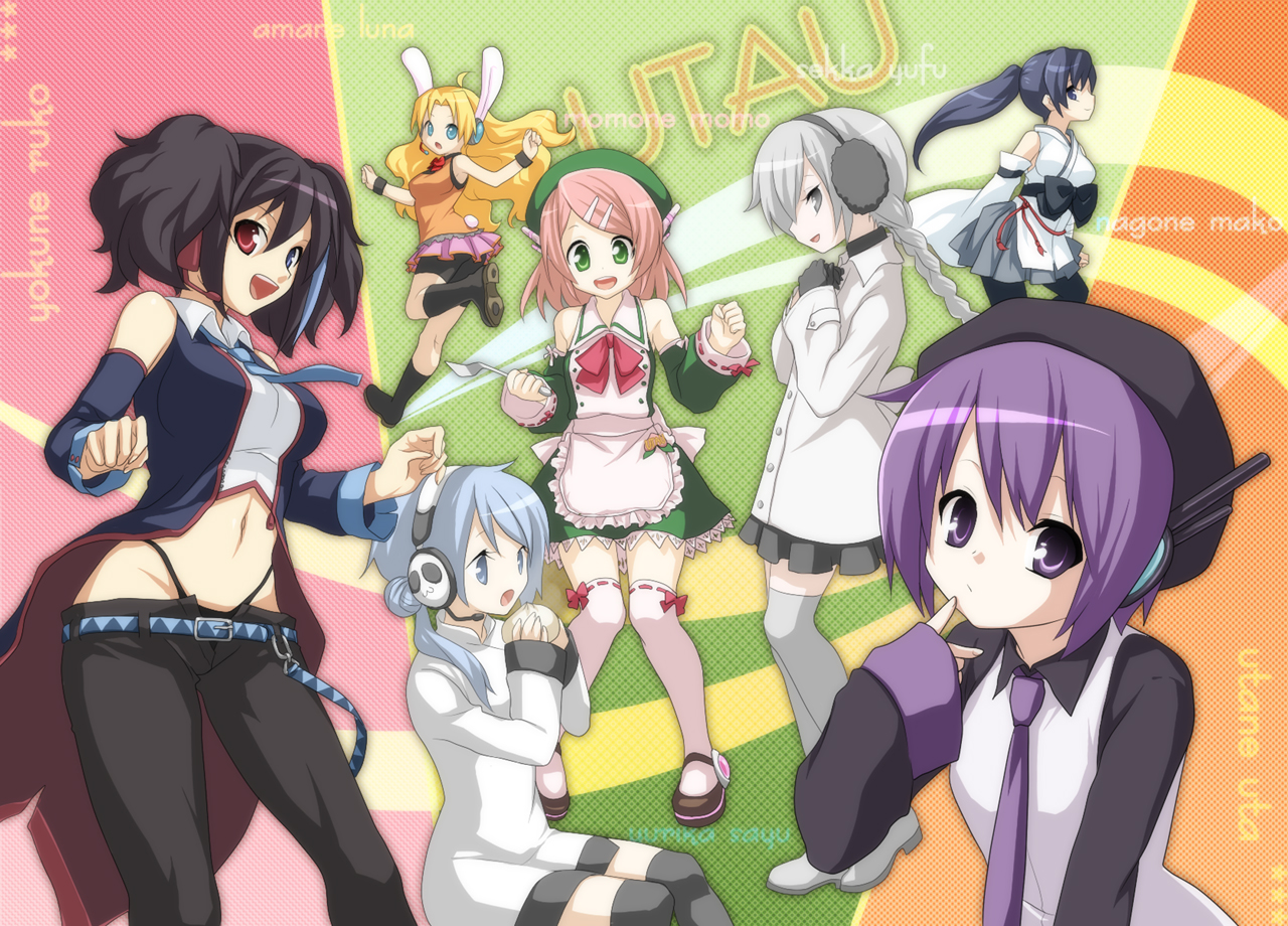 oumi sanaka, amane luna, momone momo, nagone mako, sekka yufu, utane uta, yokune ruko, yurika sayu, utau, vocaloid, 6+girls, animal ear headphones, animal ears, blonde hair, blue necktie, braid, fake animal ears, green eyes, grey hair, headphones, headset, heterochromia, multiple girls, navel, necktie, ponytail, purple hair, purple necktie, rabbit ear headphones, rabbit ears, short hair, thighhighs, twintails