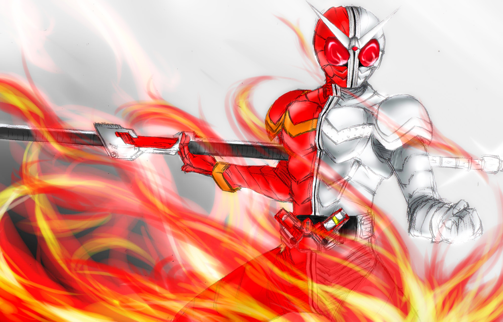 garugaru3104, michimoyo, kamen rider double, kamen rider, kamen rider w, highres, 1boy, antennae, belt, fire, male focus, solo, staff