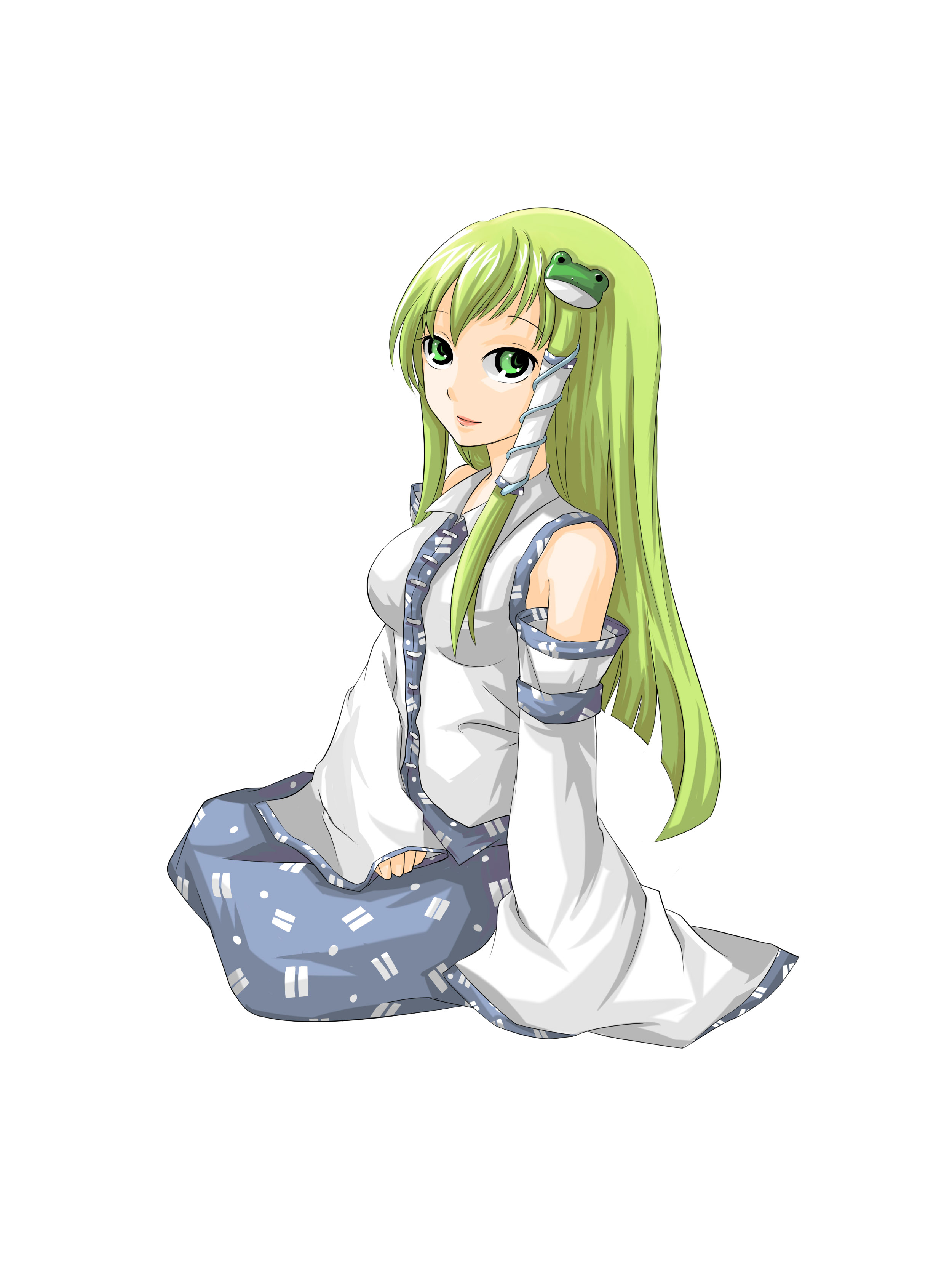 vetina, kochiya sanae, touhou, absurdres, bad id, bad pixiv id, highres, 1girl, breasts, female focus, frog, green eyes, green hair, hair ornament, japanese clothes, matching hair/eyes, simple background, sitting, snake, solo, white background
