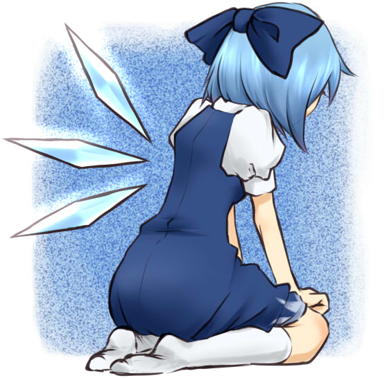 sherad, cirno, touhou, bad id, bad pixiv id, 1girl, blue hair, bow, dress, female focus, from behind, hair bow, kneehighs, sad, seiza, short hair, single wing, sitting, socks, solo, white socks, wings