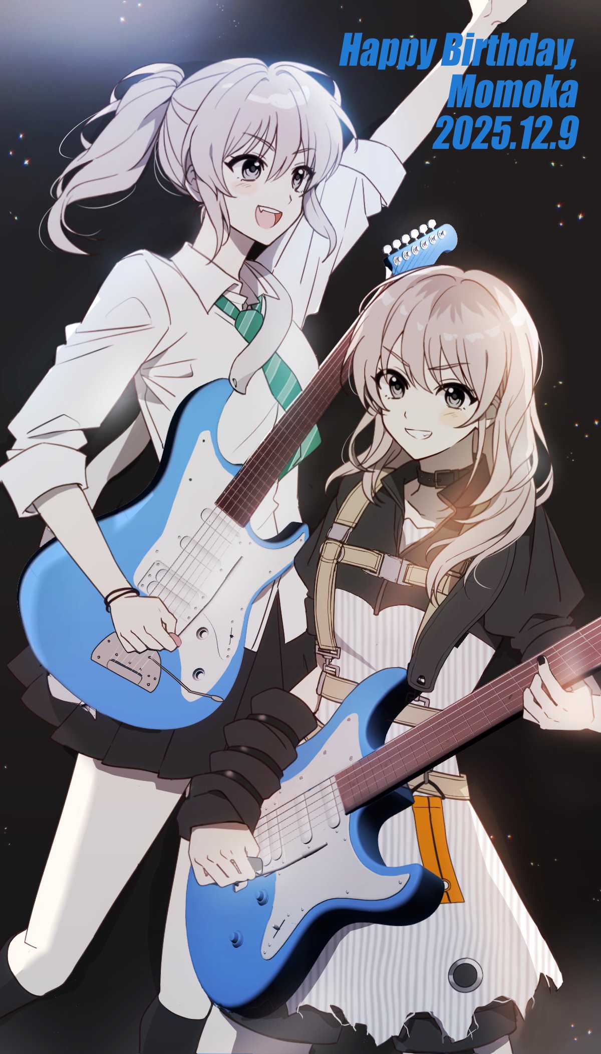 kawaragi momoka, girls band cry, commentary request, highres, 1girl, black arm warmers, black hair, black nails, black skirt, black socks, diagonal-striped clothes, diagonal-striped necktie, electric guitar, fang, fender jazzmaster, green necktie, grey eyes, grey hair, guitar, holding, holding plectrum, instrument, mkra1n3, multicolored hair, multiple views, nail polish, necktie, open mouth, pleated skirt, plectrum, ponytail, roots (hair), school uniform, shirt, skirt, socks, striped clothes, teeth, upper teeth only, white shirt