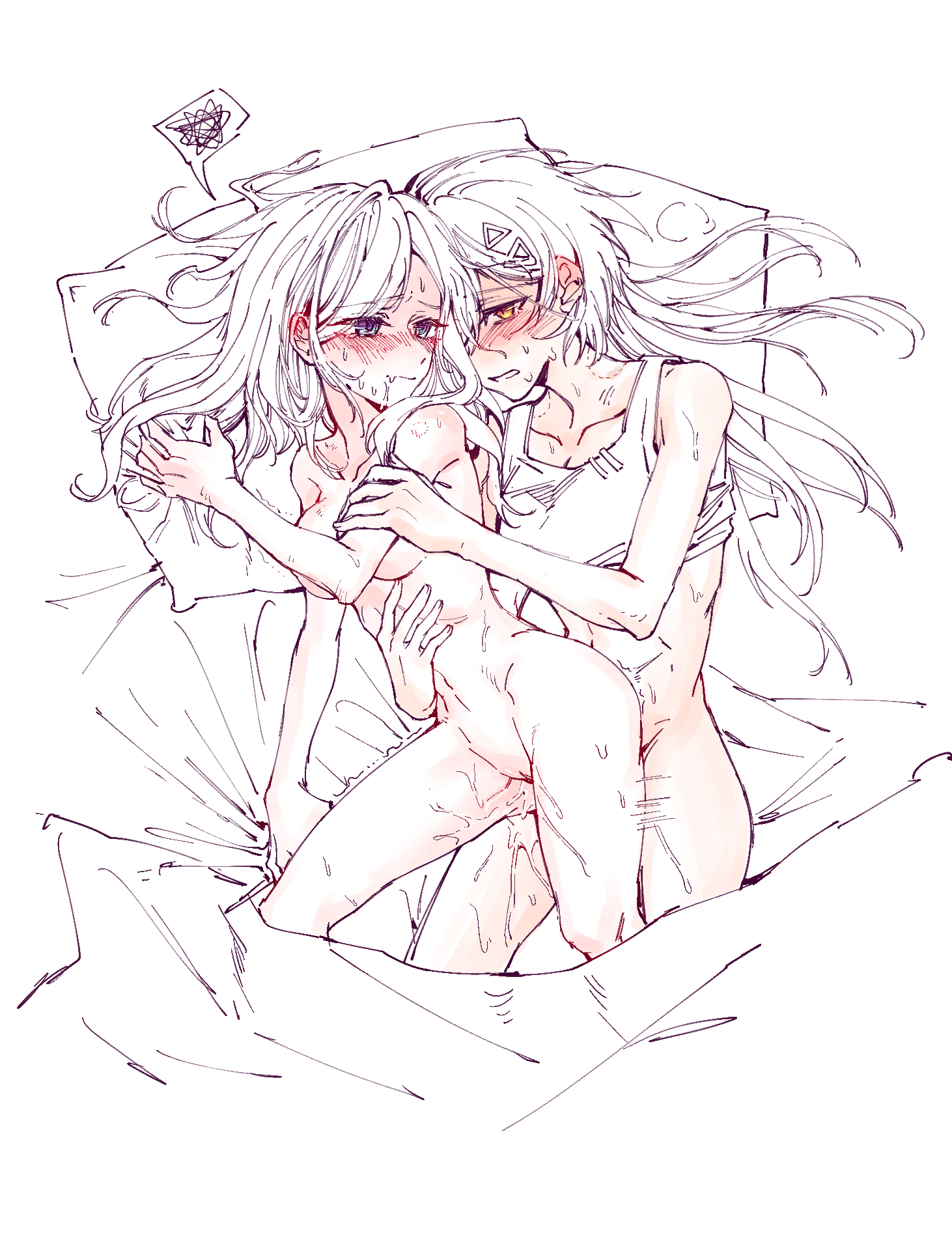 yrxy settingsun, ceras yanagida lilienfeld, katsuragi izumi, katsuragi izumi (summer loungewear), link! like! love live!, love live!, bad source, commentary request, highres, 2girls, blue eyes, bottomless, breasts, cleavage, clothed female nude female, collarbone, completely nude, edel note, futa with female, futanari, hair ornament, hand on another's arm, hand on another's stomach, long hair, medium breasts, multiple girls, nude, on bed, orange eyes, partially colored, sex, spoken squiggle, squiggle, triangle hair ornament, virtual youtuber