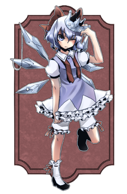 urita (vivivinicol), cirno, touhou, 1girl, bloomers, blue eyes, blue hair, bow, crown, female focus, hair bow, one eye closed, short hair, solo, underwear, wings, wink