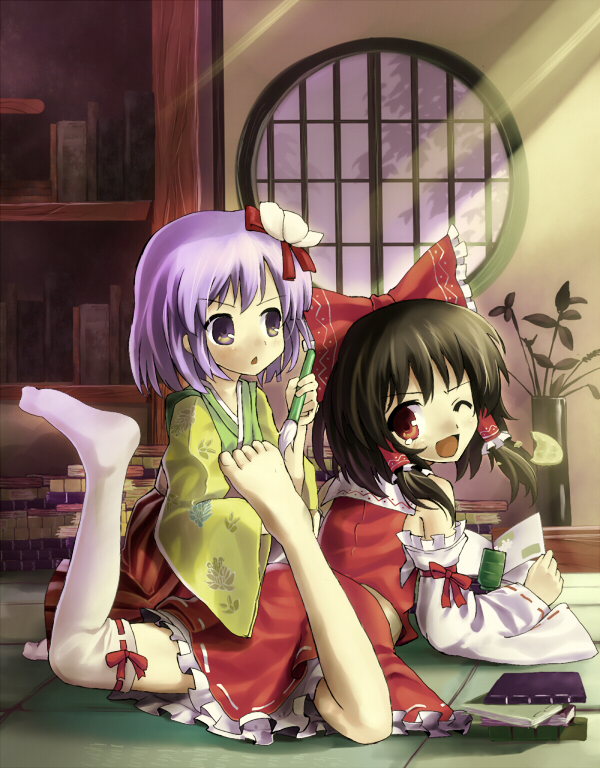hidebo, hakurei reimu, hieda no akyuu, touhou, bad id, bad pixiv id, 2girls, asymmetrical clothes, barefoot, brown hair, detached sleeves, feet, female focus, flower, japanese clothes, miko, multiple girls, purple eyes, purple hair, ribbon, short hair, single thighhigh, thighhighs, tickling, tickling feet, wink