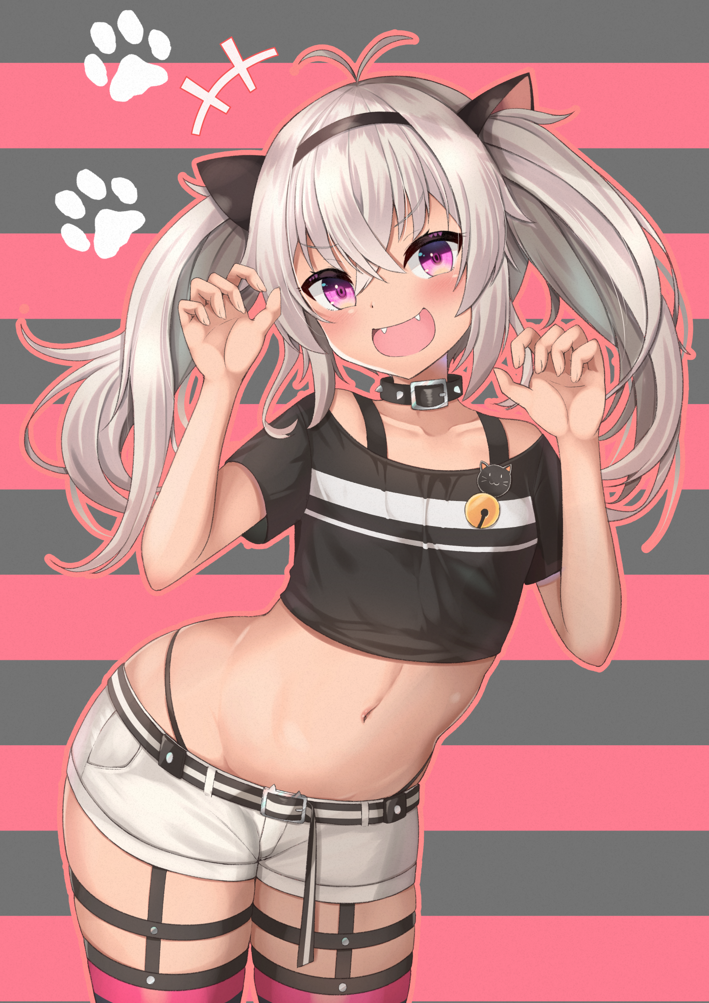 toriniku (selene1050), matsukai mao, matsukai mao (1st costume), nijisanji, highres, animal ears, black collar, black panties, black shirt, blush, breasts, cat ears, claw pose, collar, fangs, grey hair, highleg, highleg panties, long hair, looking at viewer, navel, open mouth, panties, purple eyes, red thighhighs, shirt, shorts, small breasts, spiked collar, spikes, thigh strap, thighhighs, twintails, underwear, virtual youtuber, white shorts