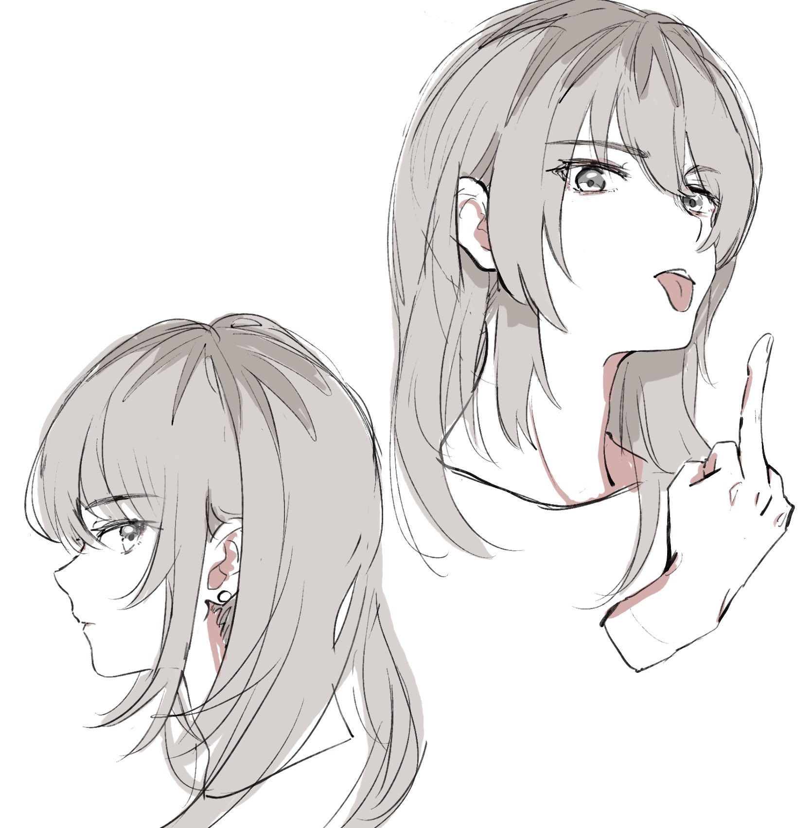 tasuku2218, kawaragi momoka, girls band cry, commentary request, highres, 1girl, grey eyes, grey hair, long hair, multicolored hair, multiple views, roots (hair), simple background, swimsuit, tongue, tongue out, white background