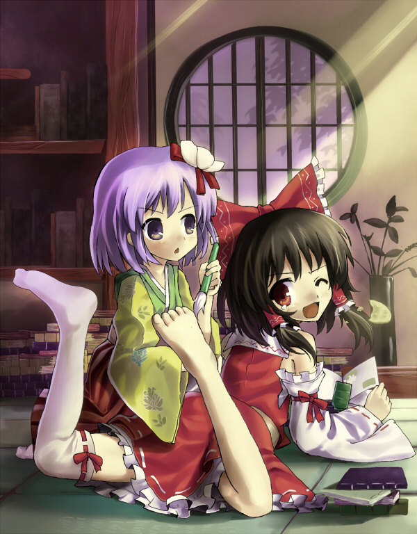 hidebo, hakurei reimu, hieda no akyuu, touhou, bad id, barefoot, black hair, bow, detached sleeves, feet, flower, hair flower, hair ornament, purple eyes, purple hair, red eyes, short hair, single sock, socks, thighhighs, tickling, tickling feet, wink