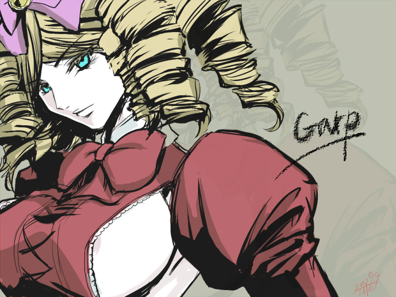tateko, gaap (umineko), umineko no naku koro ni, 00s, 1girl, blonde hair, bow, breasts, character name, dress, drill hair, female focus, grey background, hat, large breasts, mini hat, mini top hat, pink bow, ringlets, short hair, sideboob, solo, top hat
