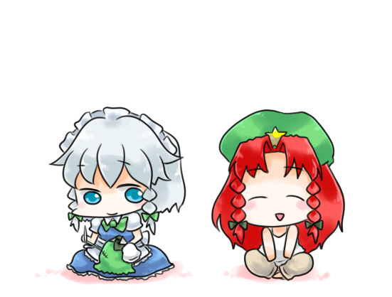 nuime, hong meiling, izayoi sakuya, embodiment of scarlet devil, touhou, silver hair, bad id, bad pixiv id, 2girls, :d, ^ ^, apron, blue eyes, braid, chibi, closed eyes, female focus, hat, maid, maid apron, maid headdress, multiple girls, needle, numie, open mouth, red hair, sewing, smile, star (symbol), tank top, thread, twin braids, waist apron