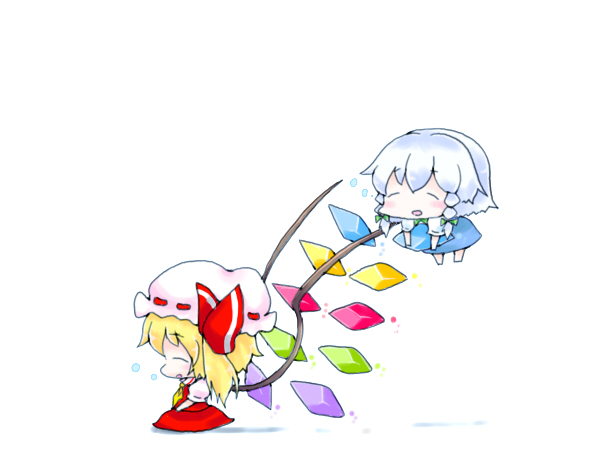 nuime, flandre scarlet, izayoi sakuya, touhou, bad id, bad pixiv id, 2girls, chibi, female focus, hat, multiple girls, numie, ribbon, wings