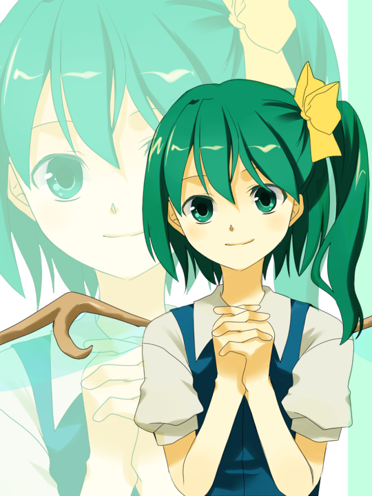 uto uto, daiyousei, embodiment of scarlet devil, touhou, bad id, bad pixiv id, 1girl, bow, female focus, green eyes, green hair, hair bow, hair ribbon, matching hair/eyes, own hands clasped, own hands together, ponytail, ribbon, short hair, side ponytail, solo, wings, zoom layer