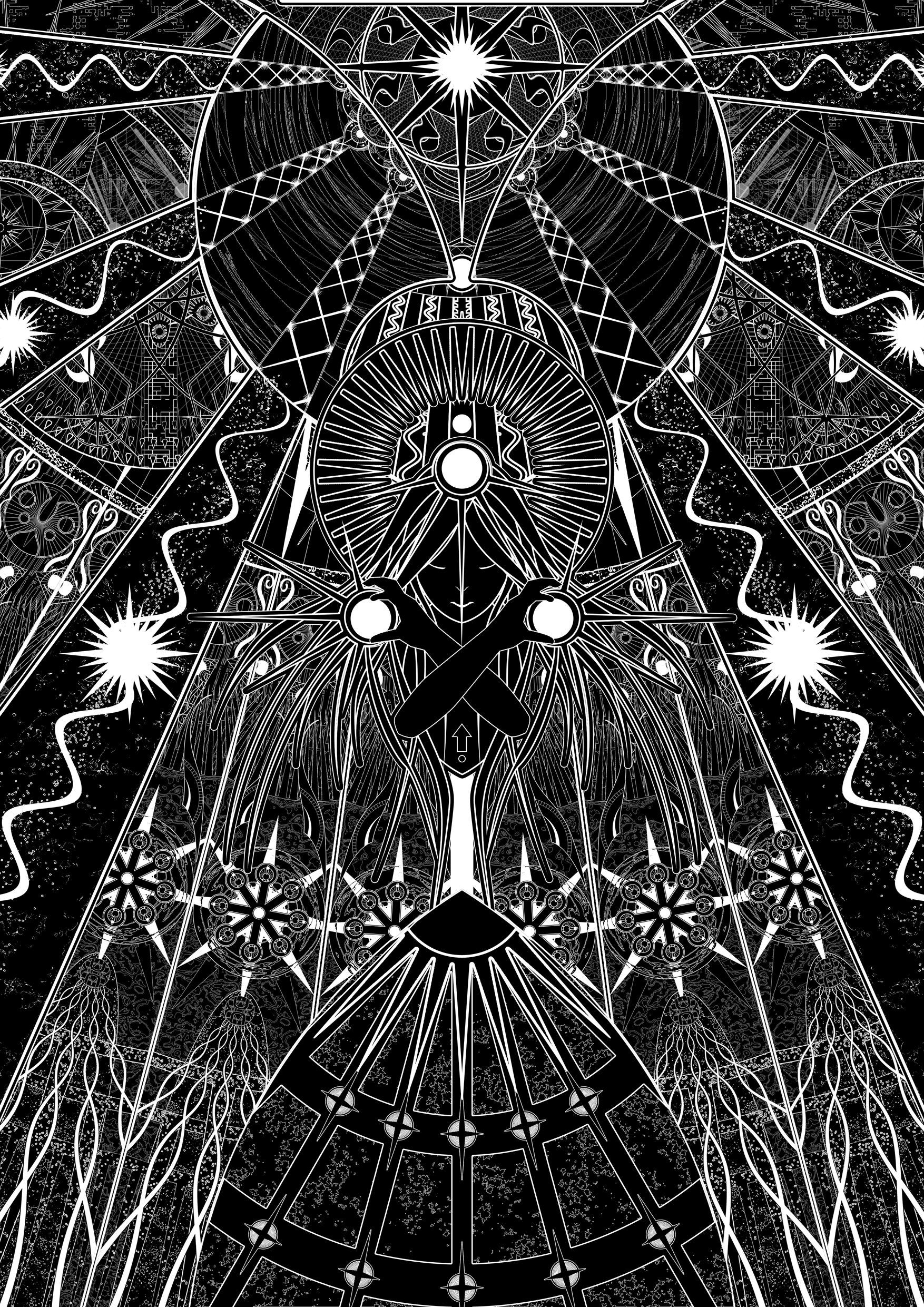 metha, original, absurdres, highres, 1girl, abstract, female focus, greyscale, monochrome, psychedelic, solo, surreal