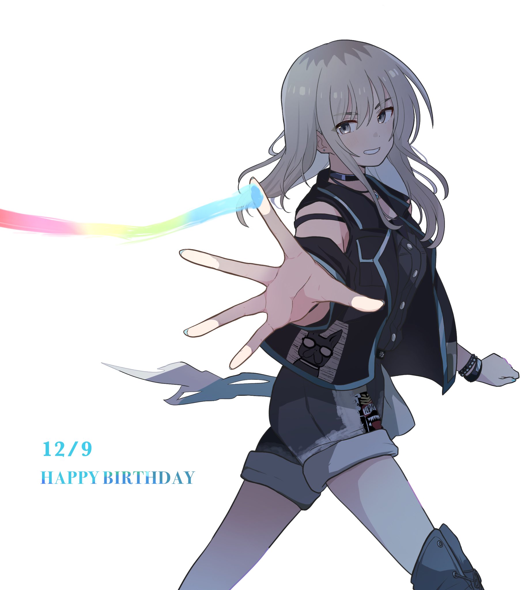 lemoontya, kawaragi momoka, girls band cry, commentary, hashtag-only commentary, highres, 1girl, black choker, black jacket, bracelet, choker, dated, earrings, grey eyes, grey hair, grey shorts, happy birthday, jacket, jewelry, multicolored hair, open mouth, roots (hair), short hair, shorts, sidelocks, simple background, solo, stud earrings, white background