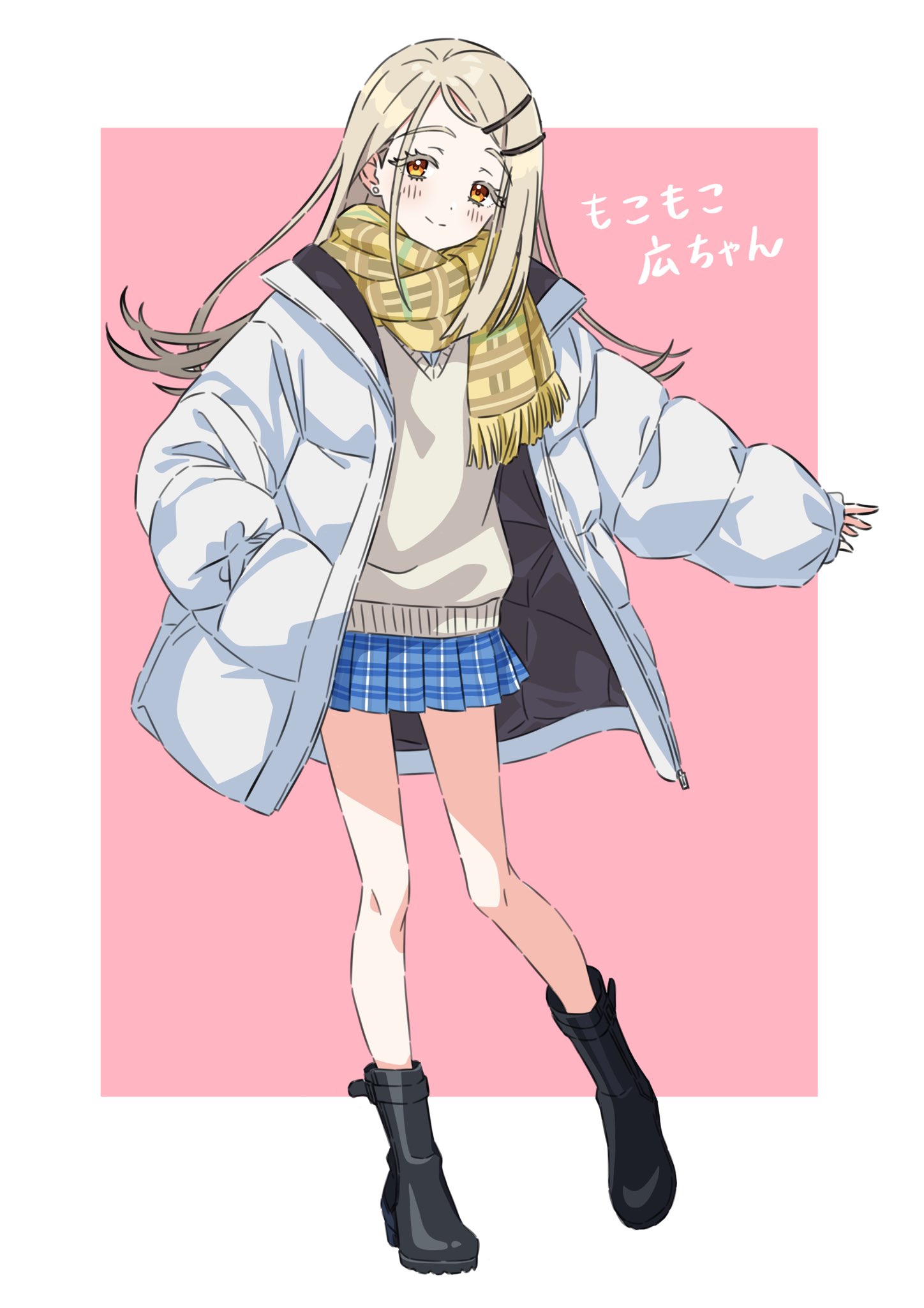 kousuke0912, shinosawa hiro, gakuen idolmaster, idolmaster, commentary request, highres, translation request, 1girl, black boots, blonde hair, blue skirt, blush, boots, brown sweater vest, closed mouth, coat, colored eyelashes, cosplay, earrings, flipped hair, full body, gradient hair, grey hair, hair ornament, hairclip, hand in pocket, jewelry, long hair, looking at viewer, miniskirt, multicolored hair, open clothes, open coat, orange eyes, outstretched arm, parallel hairclips, parted bangs, pink background, plaid clothes, plaid skirt, pleated skirt, scarf, school uniform, shinosawa hiro (cosplay), simple background, skirt, smile, solo, split mouth, standing, standing on one leg, stud earrings, sweater vest, two-tone background, white background, white coat, winter clothes, winter coat, yellow scarf, zipper