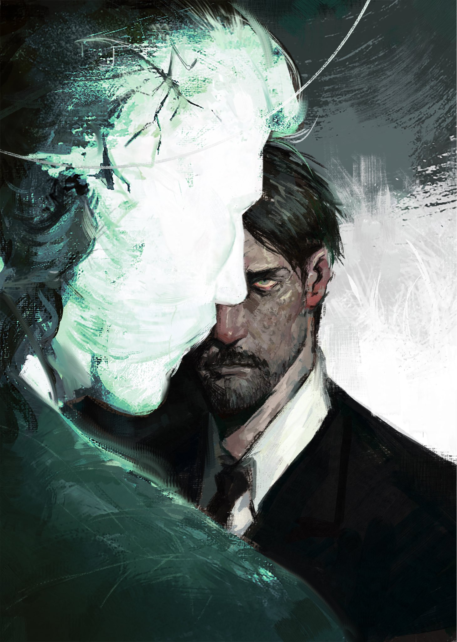 slaughtersafe, harry du bois, jean vicquemare, disco elysium, commentary, english commentary, highres, 2boys, beard, black hair, black jacket, black necktie, collared shirt, facial hair, grey eyes, jacket, male focus, multiple boys, necktie, shirt, short hair, suit jacket, upper body, white shirt