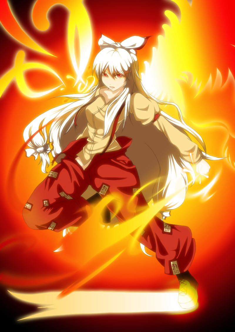 monasuke, fujiwara no mokou, touhou, silver hair, bad id, bad pixiv id, 1girl, bow, breasts, female focus, fire, full body, gradient background, hair bow, hair ribbon, long hair, red eyes, ribbon, solo, suspenders