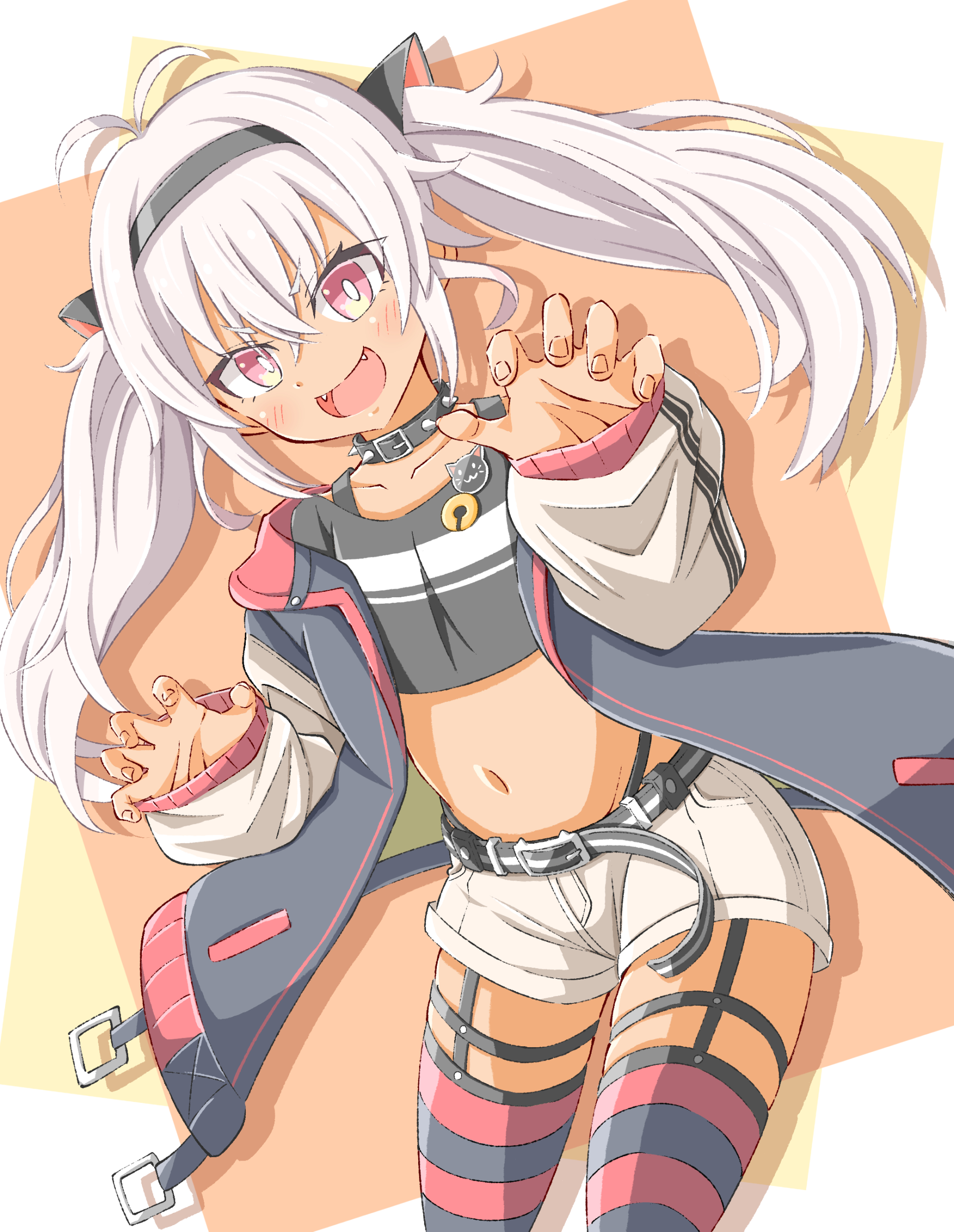 toushirou (sugarwhite1046), matsukai mao, matsukai mao (1st costume), nijisanji, absurdres, highres, animal ears, black headband, black jacket, black shirt, black thighhighs, cat ears, claw pose, fake animal ears, headband, jacket, looking at viewer, purple eyes, red thighhighs, shirt, shorts, smile, solo, striped clothes, striped thighhighs, thigh strap, thighhighs, twintails, virtual youtuber, white hair, white shorts