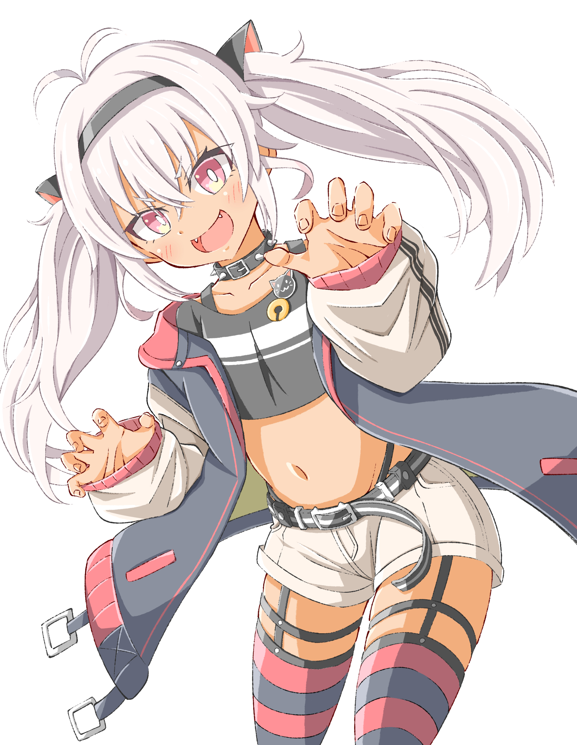 toushirou (sugarwhite1046), matsukai mao, matsukai mao (1st costume), nijisanji, absurdres, highres, animal ears, black headband, black jacket, black shirt, black thighhighs, cat ears, claw pose, fake animal ears, headband, jacket, looking at viewer, purple eyes, red thighhighs, shirt, shorts, smile, solo, striped clothes, striped thighhighs, thigh strap, thighhighs, twintails, virtual youtuber, white background, white hair, white shorts