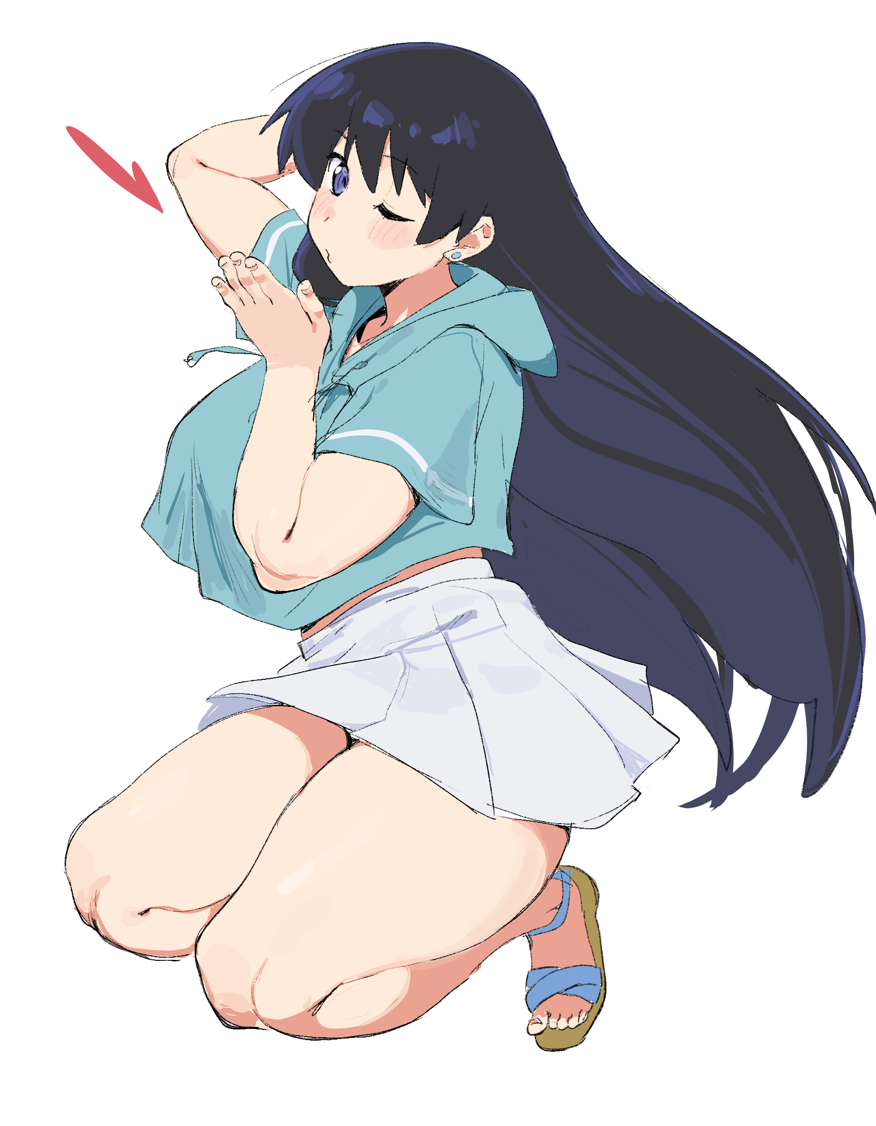 denpatou, arato nagi, ruri no houseki, commentary, highres, 1girl, arm behind head, arm up, bare legs, black hair, blowing kiss, blue eyes, blue hoodie, blush stickers, breasts, cropped hoodie, curvy, ear piercing, floating hair, from side, full body, hand up, heart, hood, hood down, hoodie, large breasts, legs together, long hair, looking at viewer, looking to the side, midriff peek, miniskirt, one eye closed, piercing, pleated skirt, puckered lips, sandals, short sleeves, simple background, skirt, squatting, straight hair, thick thighs, thighs, white background, white skirt