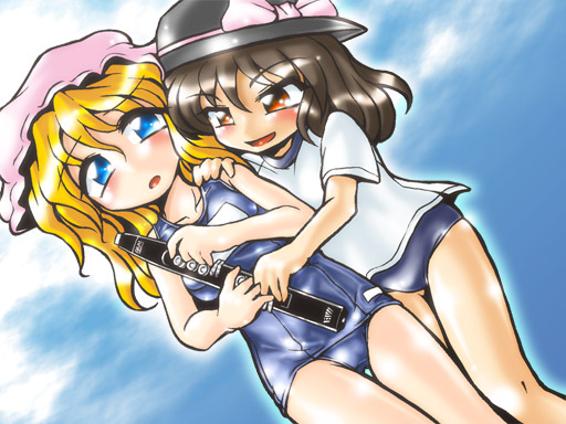 winn, maribel hearn, usami renko, ghostly field club, touhou, 2girls, blonde hair, blue eyes, brown eyes, brown hair, buruma, electric wind instrument, female focus, hat, instrument, multiple girls, one-piece swimsuit, school swimsuit, short hair, swimsuit, you gonna get raped, yuri