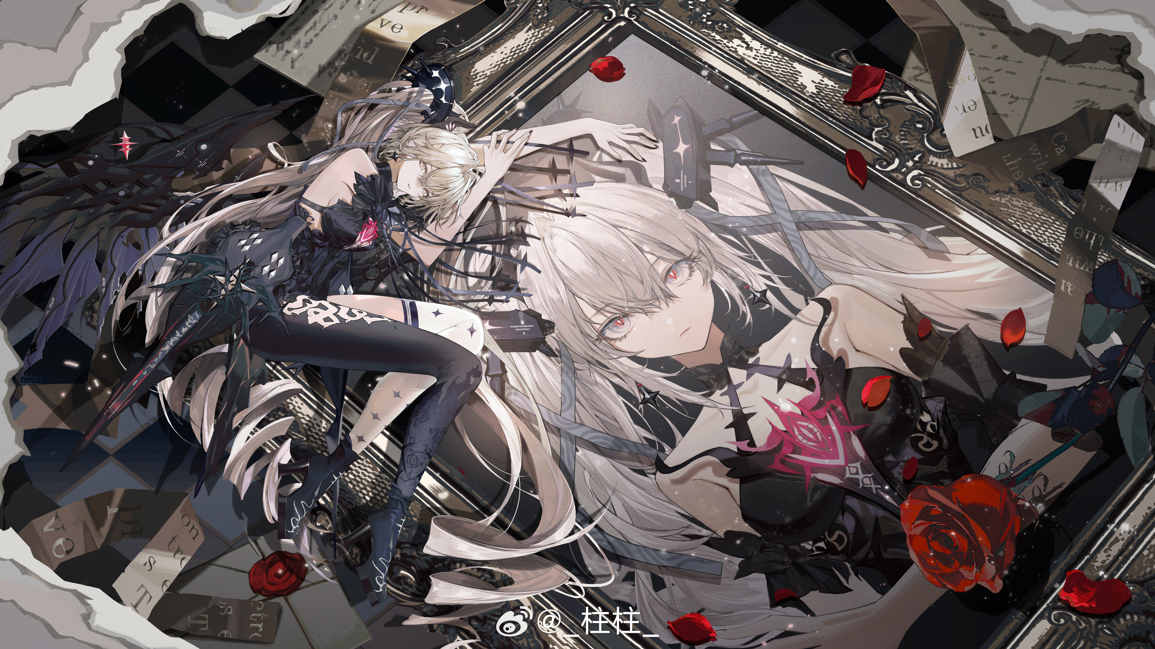 youamo, luna: oblivion (tainted moonrise) (pgr), luna (pgr), punishing: gray raven, absurdres, highres, 1girl, asymmetrical legwear, black dress, dress, grey eyes, lying, official alternate costume, on side, portrait (object), red pupils, solo, twintails, watermark, weibo username, weibo watermark, white hair