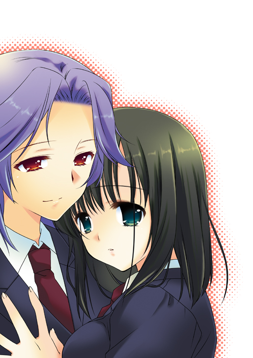 tama two (fukuya), kajiki yumi, touyoko momoko, saki (manga), 00s, black hair, green eyes, necktie, purple hair, red eyes, school uniform, yuri