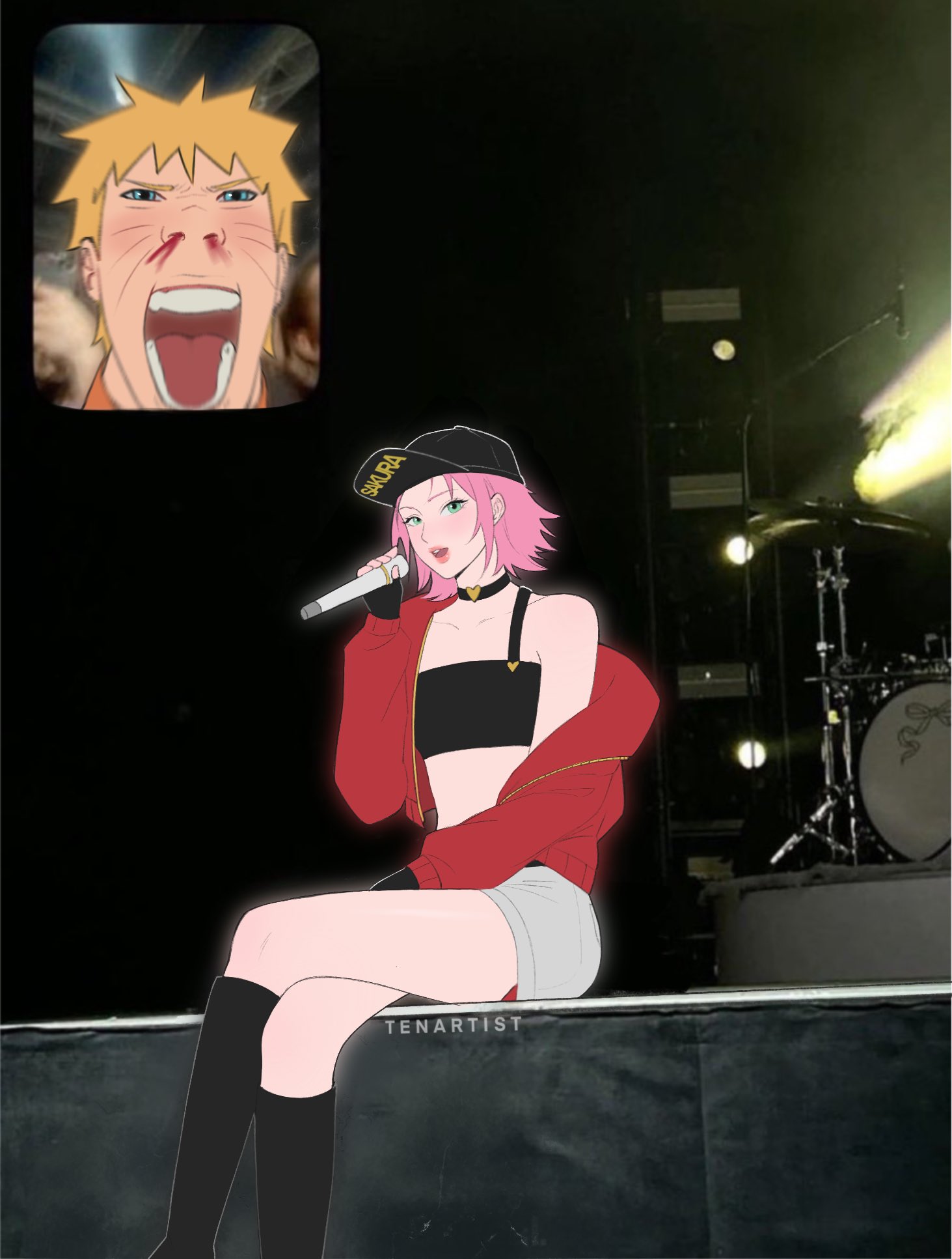 tenartistt, haruno sakura, uzumaki naruto, naruto (series), naruto shippuuden, commentary, english commentary, highres, 1boy, 1girl, artist name, baseball cap, black boots, black choker, black gloves, black hat, black tube top, blonde hair, blood, blue eyes, boots, character name, choker, concert, crossed legs, facial mark, fan screaming at madison beer (meme), feet out of frame, fingerless gloves, flat color, flipped hair, gloves, green eyes, hand on own thigh, hat, heart, heart choker, holding, holding microphone, jacket, jacket partially removed, knee boots, looking at viewer, meme, microphone, midriff, music, nosebleed, official alternate costume, open mouth, photo background, pink hair, red jacket, shorts, shouting, singing, single strap, sitting, spiked hair, strapless, teeth, tongue, tube top, upper teeth only, whisker markings, white shorts, zipper