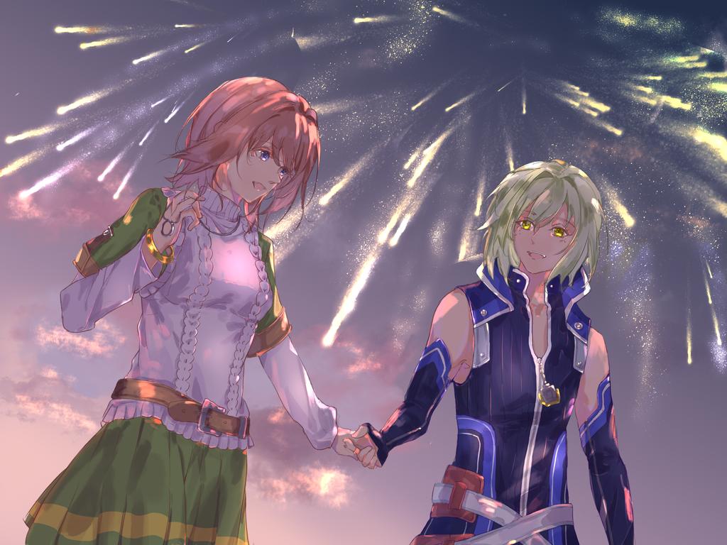 noel seeker, wazy hemisphere, ao no kiseki, eiyuu densetsu, zero no kiseki, 1boy, 1girl, ascot, belt, blue vest, couple, fireworks, green ascot, green hair, green skirt, holding hands, medallion, orange hair, skirt, smile, vest, yellow eyes, yingkongji1