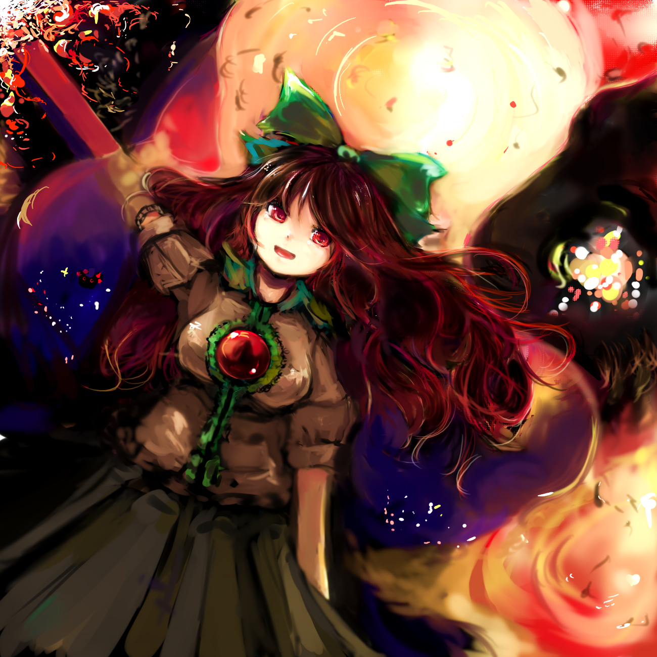 tasu tasuta, reiuji utsuho, touhou, bad id, bad pixiv id, highres, 1girl, bow, breasts, brown hair, female focus, gradient background, long hair, red eyes, solo, wings