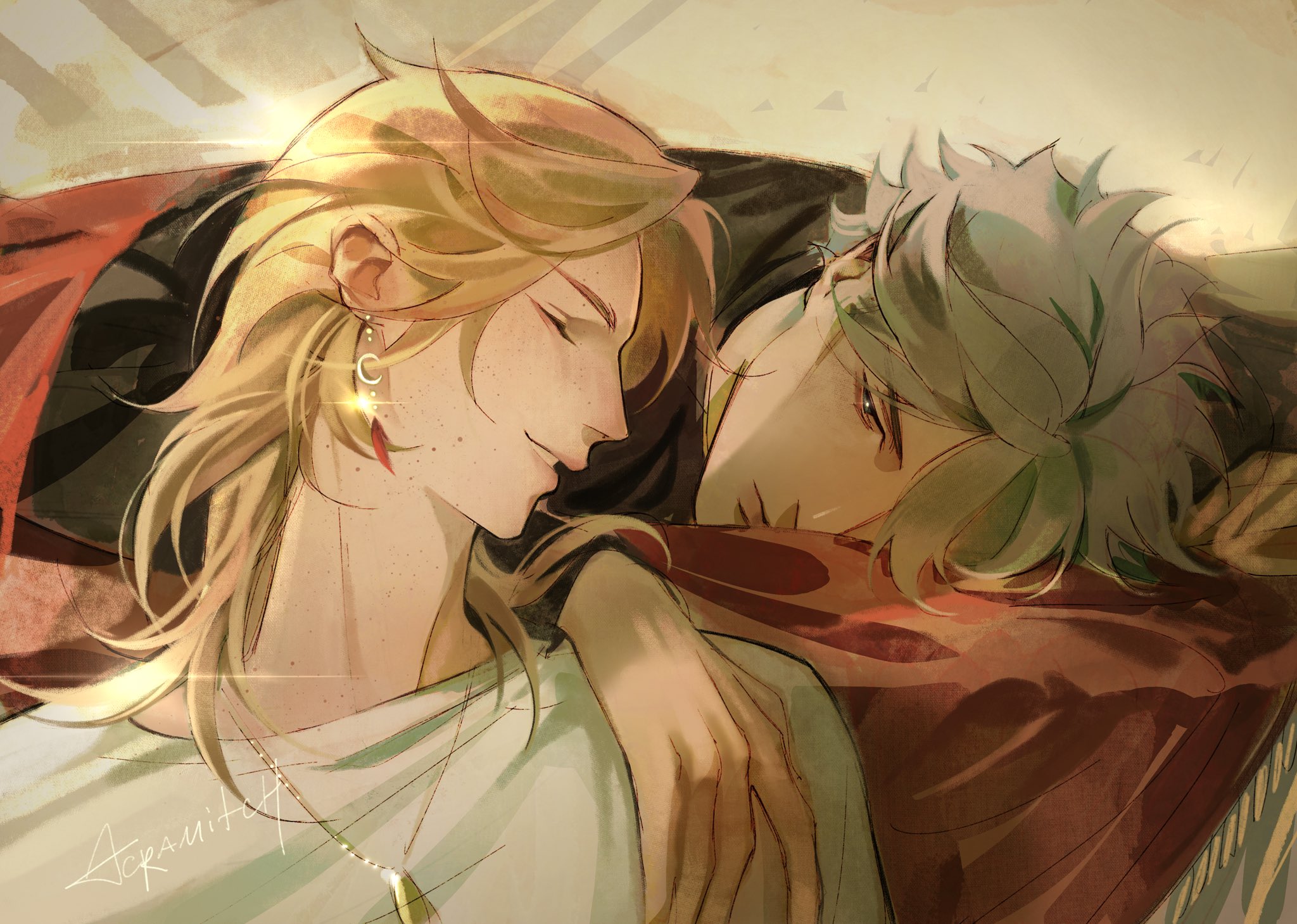alhaitham (genshin impact), kaveh (genshin impact), genshin impact, commentary, english commentary, highres, 2boys, acra mitch, black shirt, blonde hair, closed eyes, earrings, grey eyes, grey hair, hand on another's shoulder, jewelry, lips, long hair, lying, male focus, multiple boys, necklace, on stomach, parted bangs, parted lips, piercing, shirt, short hair, smile, under covers, white shirt, yaoi