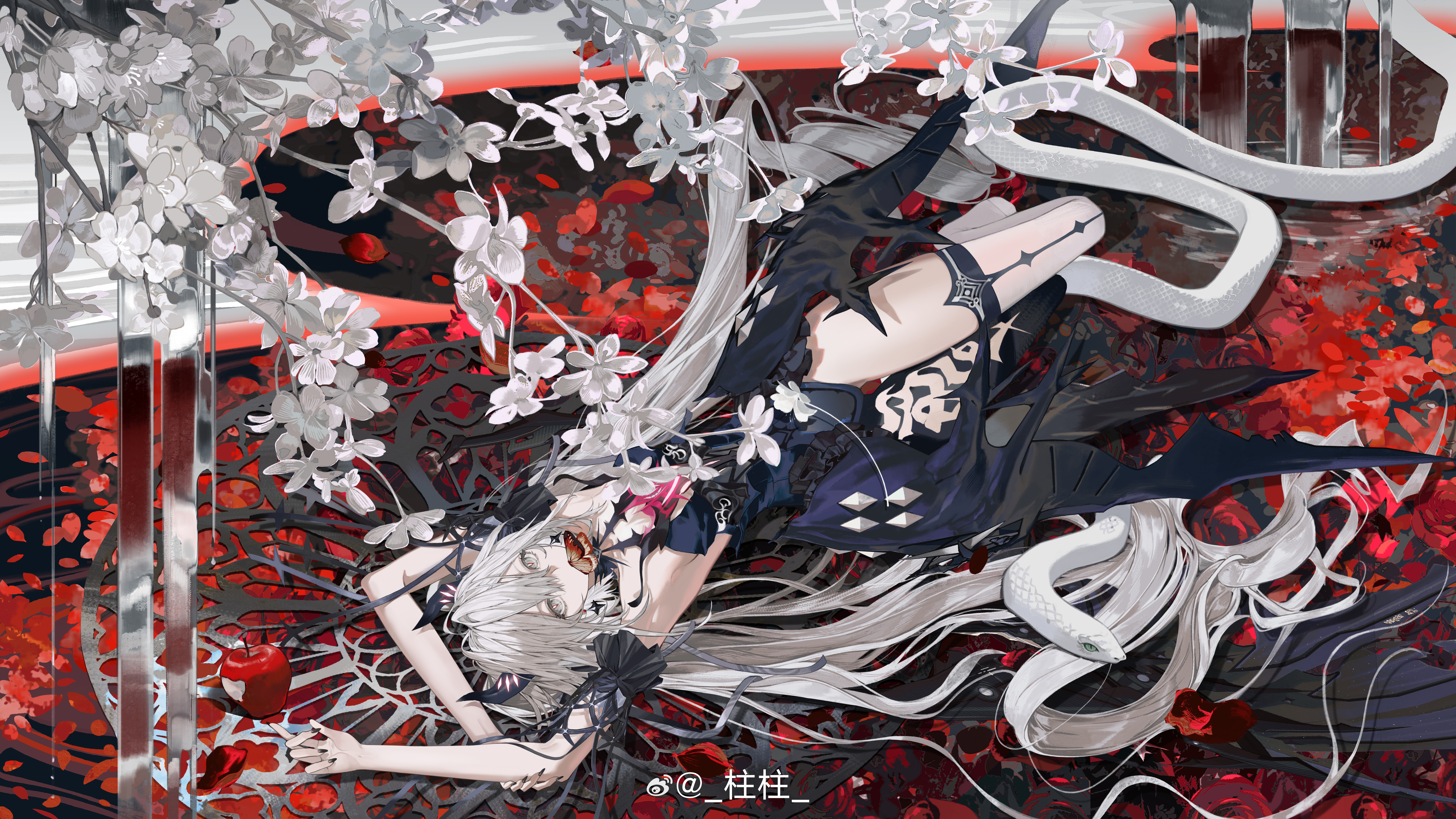 youamo, luna: oblivion (tainted moonrise) (pgr), luna (pgr), punishing: gray raven, absurdres, highres, 1girl, apple, asymmetrical legwear, black dress, bug, butterfly, covered mouth, dress, flower, food, fruit, grey eyes, holding, holding own hair, insect, looking at viewer, lying, official alternate costume, on back, red pupils, snake, solo, twintails, watermark, weibo username, weibo watermark, white flower, white hair