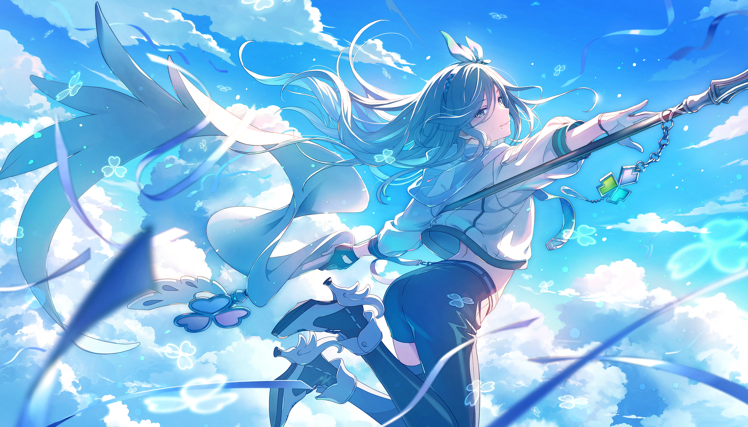colorful palette, hinomori shizuku, project sekai, game cg, highres, official art, third-party source, 1girl, asymmetrical clothes, black pants, blue hair, blue sky, blurry, bow hairband, charm (object), closed mouth, cloud, depth of field, flag, full body, gloves, grey eyes, grow glorious glow (project sekai), hairband, jacket, mole, mole under mouth, official alternate costume, pants, shoes, single pantsleg, sky, smile, solo, white gloves, white jacket, white shoes