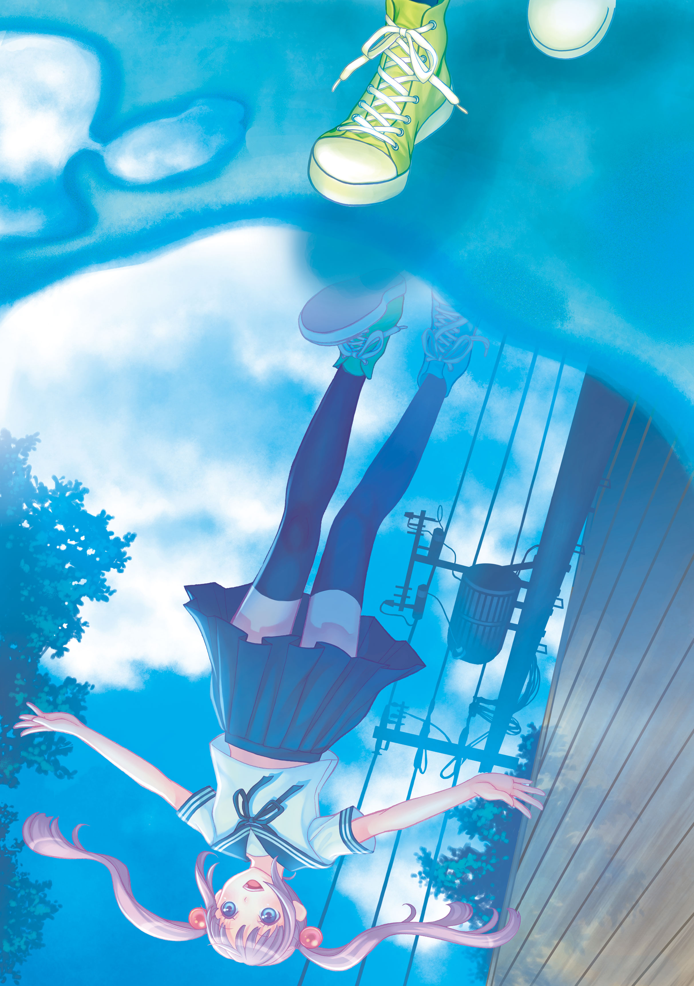 cilq, original, absurdres, highres, blue eyes, brown hair, hair ornament, long hair, outstretched arms, power lines, reflection, school uniform, shoes, skirt, smile, sneakers, solo, spread arms, thighhighs, twintails, water, zettai ryouiki