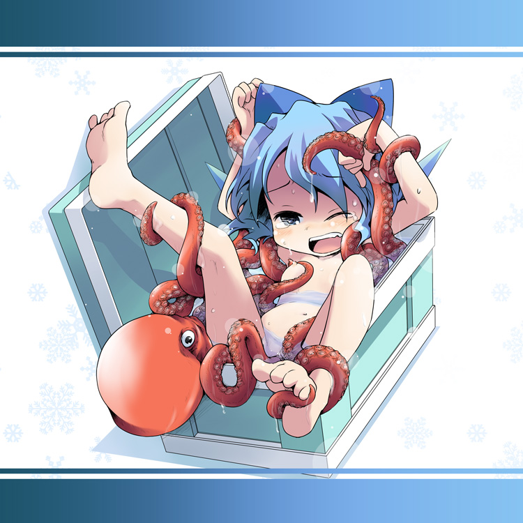 ham (points), cirno, embodiment of scarlet devil, touhou, 1girl, barefoot, bestiality, blue bow, blue eyes, blue hair, bow, feet, female focus, flat chest, hair bow, loli, matching hair/eyes, nude, octopus, pussy, short hair, solo, tears, tentacle sex, tentacles, toes, vaginal, wince, wings