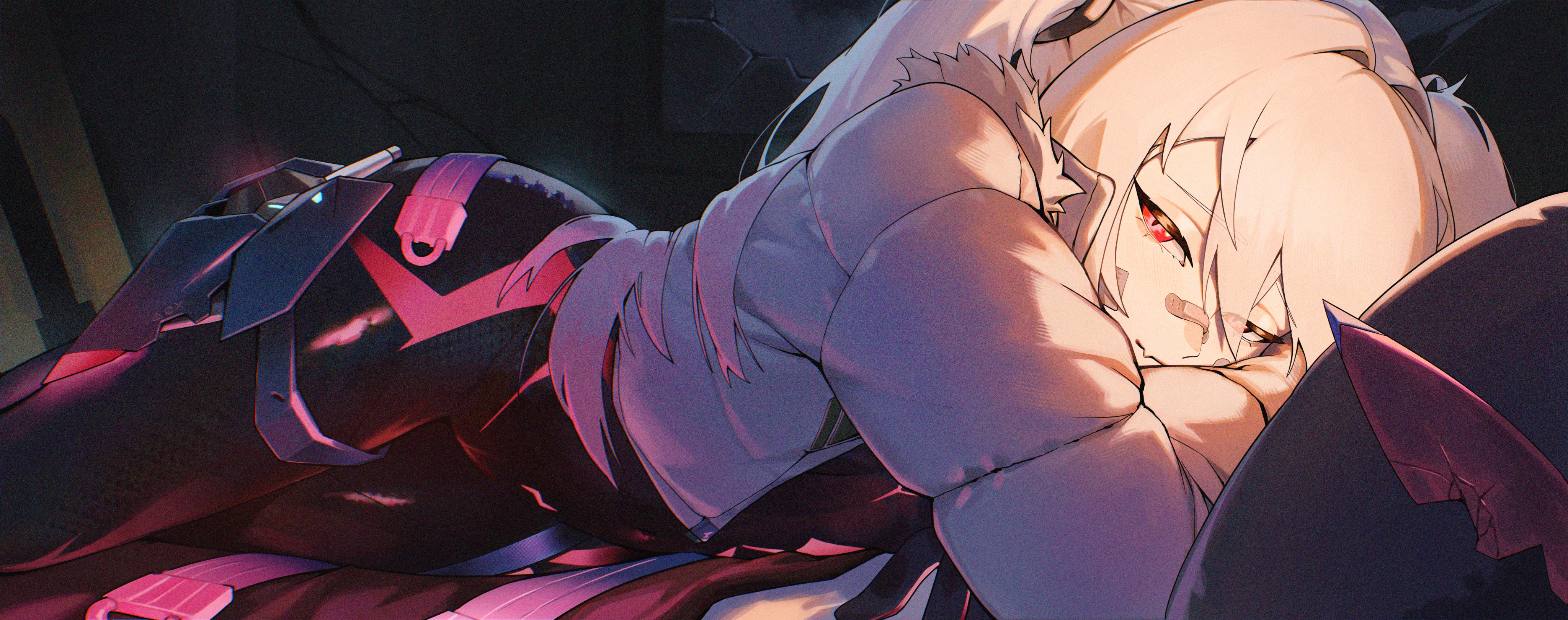 kimkichun, laplace (nikke), goddess of victory: nikke, absurdres, highres, 1girl, armored bodysuit, bandaid, bandaid on face, bandaid on nose, black bodysuit, blonde hair, bodysuit, broken window, closed mouth, cropped legs, fang, fur-trimmed jacket, fur trim, hair intakes, head on arm, jacket, long hair, looking at viewer, lying, padded jacket, red-tinted eyewear, red eyes, skin fang, smile, solo, tinted eyewear, triangular eyewear, twintails, unworn eyewear, white jacket