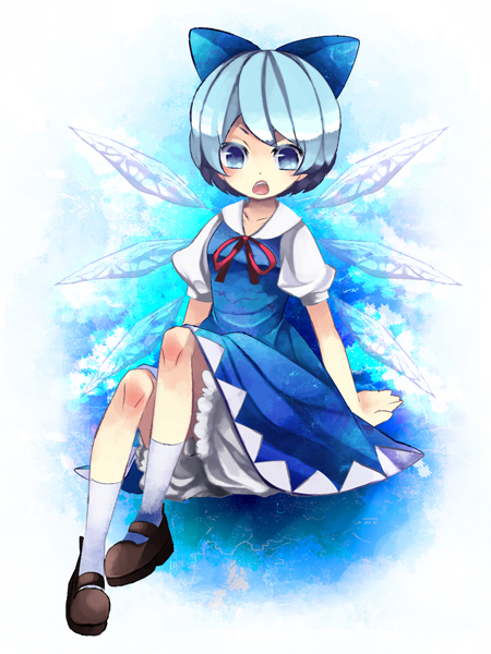 kozue, yukibina, cirno, embodiment of scarlet devil, touhou, bad id, bad pixiv id, alternate hairstyle, arm support, blue eyes, blue hair, bow, dress, hair bow, mary janes, open mouth, shoes, short hair, sitting, socks, solo, wings