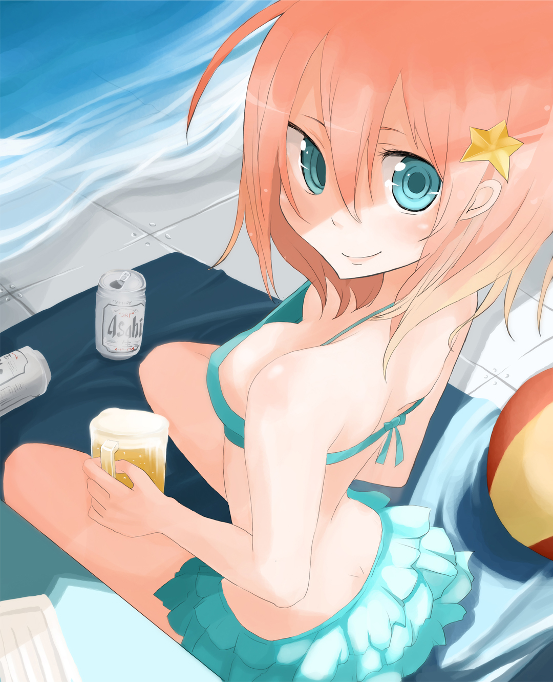 tansuke, takagi (tansuke), original, highres, 1girl, alcohol, beer, bikini, blue eyes, breasts, can, cleavage, cup, downblouse, female focus, hair ornament, kneeling, looking back, mug, pink hair, smile, solo, star (symbol), swimsuit