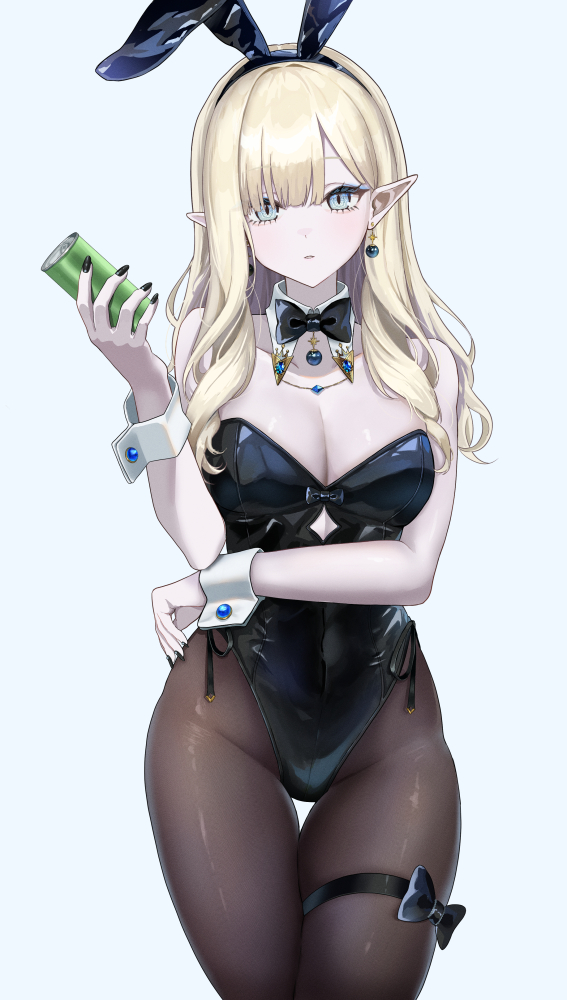 setta shu, original, commentary request, 1girl, animal ear hairband, animal ears, black bow, black bowtie, black leotard, blonde hair, blue eyes, bow, bowtie, breasts, can, cleavage, detached collar, drink can, earrings, elf, fake animal ears, hairband, jewelry, large breasts, leotard, long hair, medium breasts, pantyhose, playboy bunny, pointy ears, rabbit ears, side-tie leotard, solo, strapless, strapless leotard, thigh gap, thigh strap, wrist cuffs