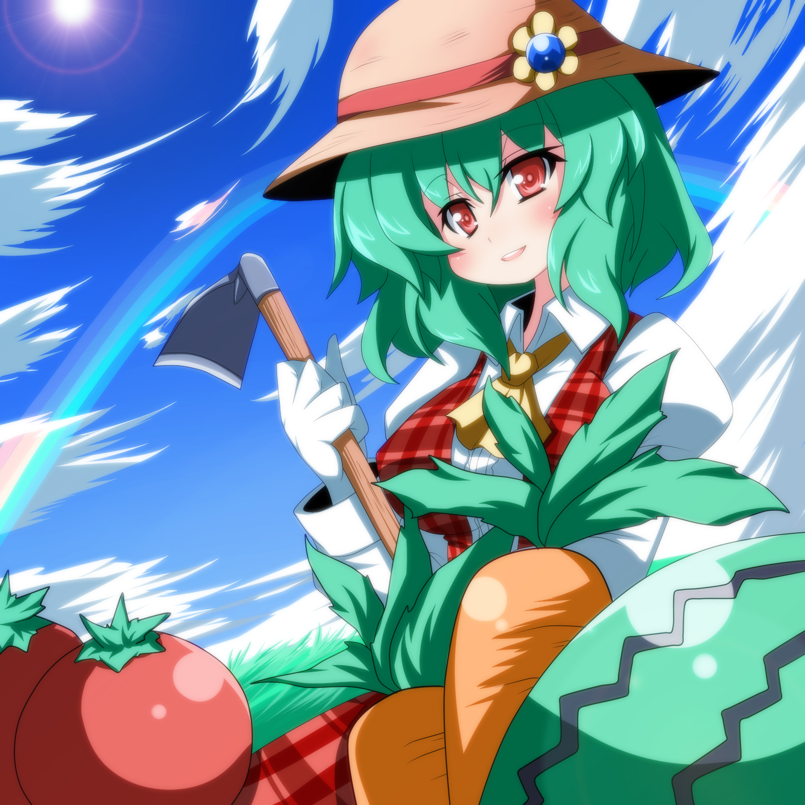 oborotsuki kakeru, kazami yuuka, touhou, highres, 1girl, ascot, breasts, carrot, cloud, day, female focus, food, fruit, gloves, green hair, hat, hoe, large breasts, plaid clothes, plaid skirt, plaid vest, rainbow, red eyes, short hair, skirt, skirt set, sky, solo, straw hat, tomato, vest, watermelon, worktool