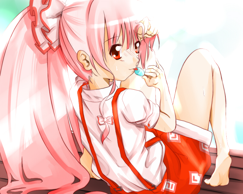 aldehyde, fujiwara no mokou, touhou, bad id, bad pixiv id, 1girl, barefoot, bow, feet, female focus, food, hair bow, long hair, looking back, ponytail, popsicle, red eyes, red hair, solo, sweat
