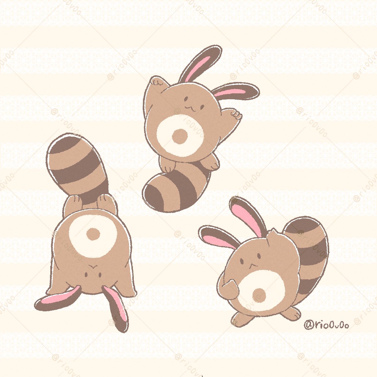 rio (rio0v0o), sentret, nintendo, pokemon, hashtag-only commentary, highres, :3, arm up, arms up, full body, gen 2 pokemon, handstand, no humans, pokemon (creature), smile, twitter username, watermark, watermark grid