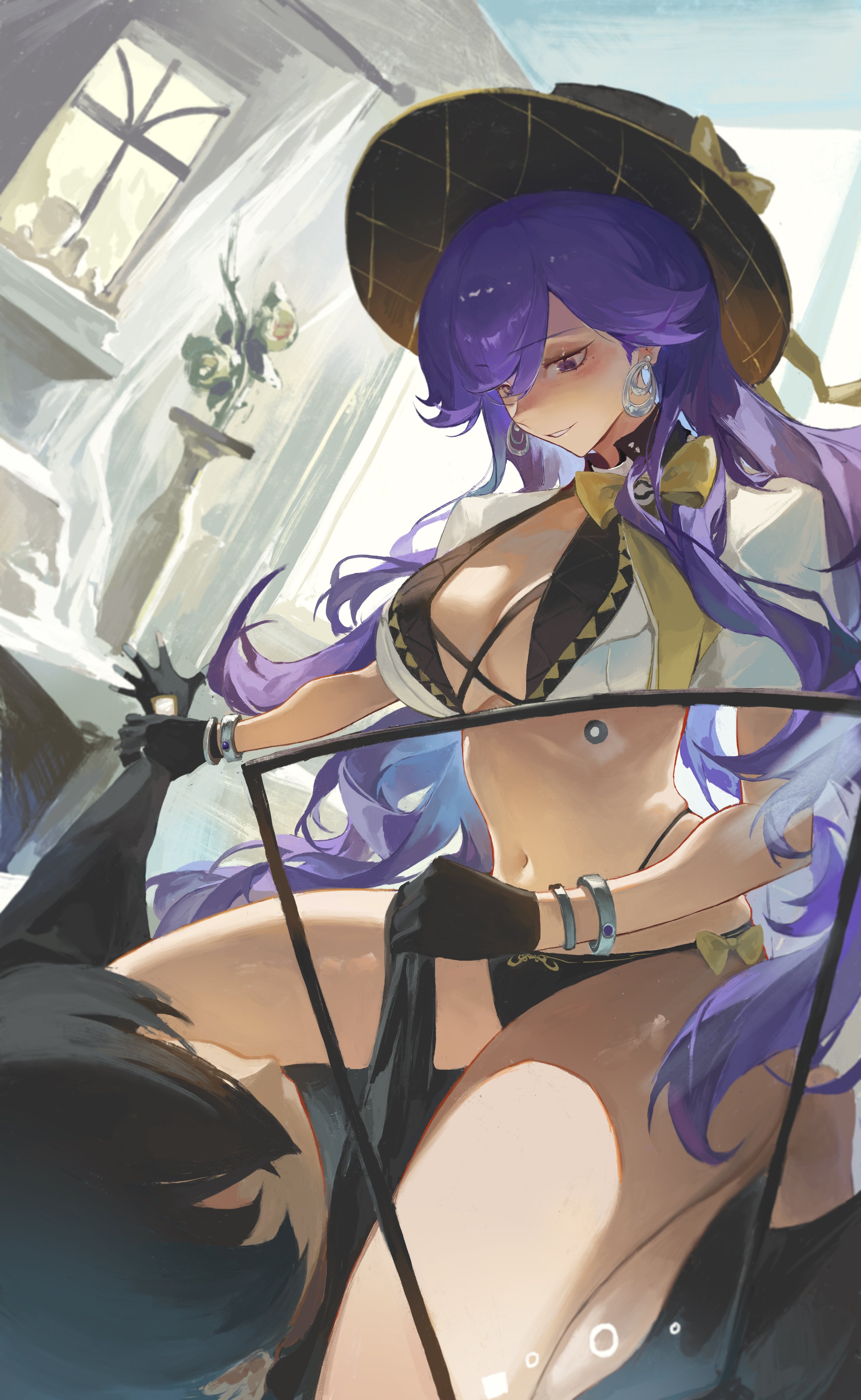 liudaohai6001, lucilla (wuthering waves), male rover (wuthering waves), rover (wuthering waves), wuthering waves, absurdres, highres, 1boy, 1girl, bikini, black bikini, black gloves, black hair, black hat, bow, bow bikini, breasts, earrings, gloves, hat, jewelry, large breasts, long hair, looking at another, multicolored bikini, navel, purple hair, shrug (clothing), smile, straddling, swimsuit, two-tone bikini, white shrug, window, yellow bow