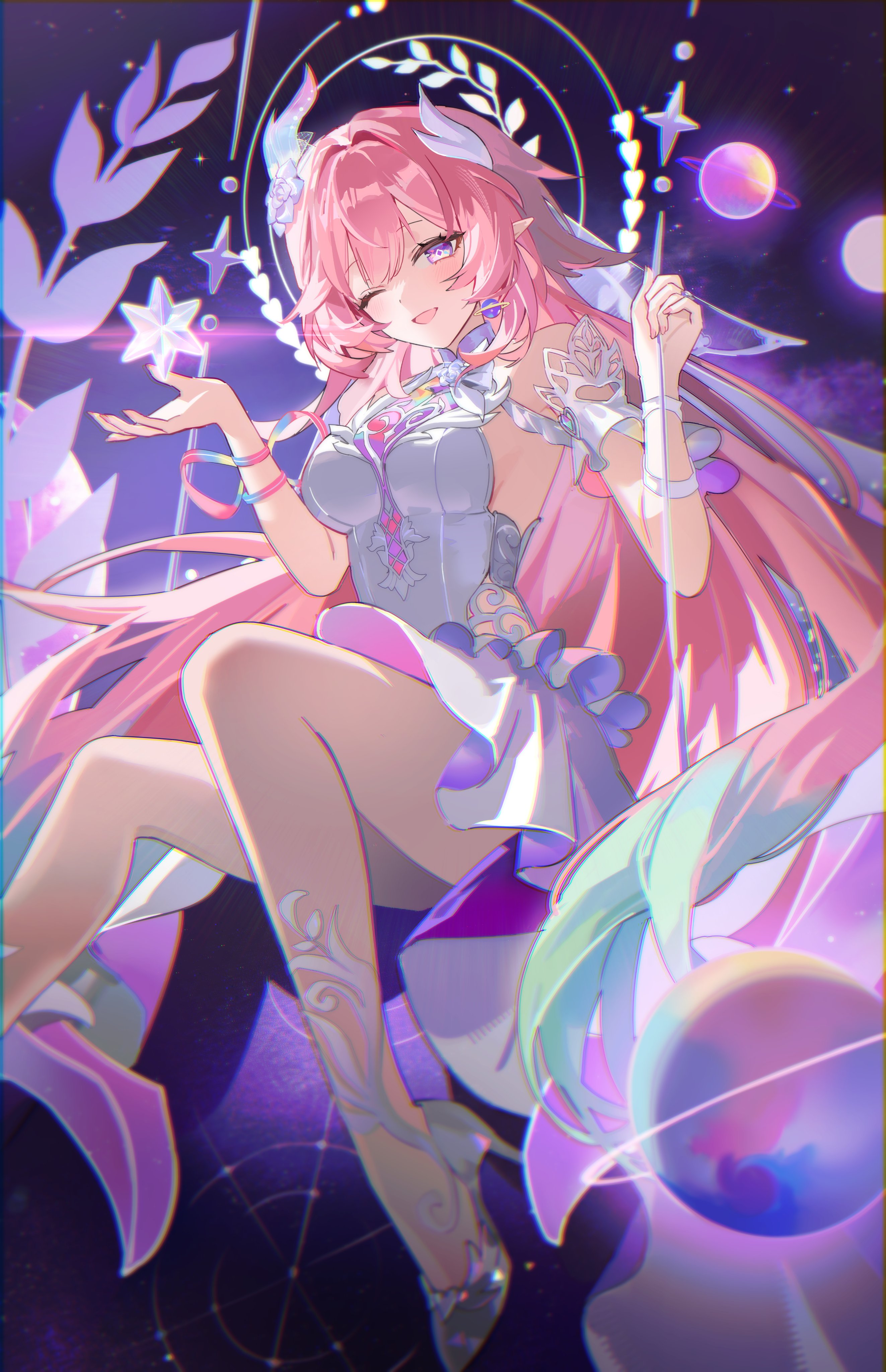 rinple, cyrene (honkai: star rail), honkai: star rail, honkai (series), absurdres, commentary, highres, 1girl, ;o, aqua hair, breasts, cyrene (demiurge) (honkai: star rail), diamond-shaped pupils, diamond (shape), dress, halo, large breasts, long hair, looking at viewer, multicolored hair, on swing, one eye closed, pink hair, planet, planetary ring, pointy ears, purple eyes, sky, smile, solo, star (sky), starry sky, swing, symbol-shaped pupils, thighs, two-tone hair, very long hair, white dress