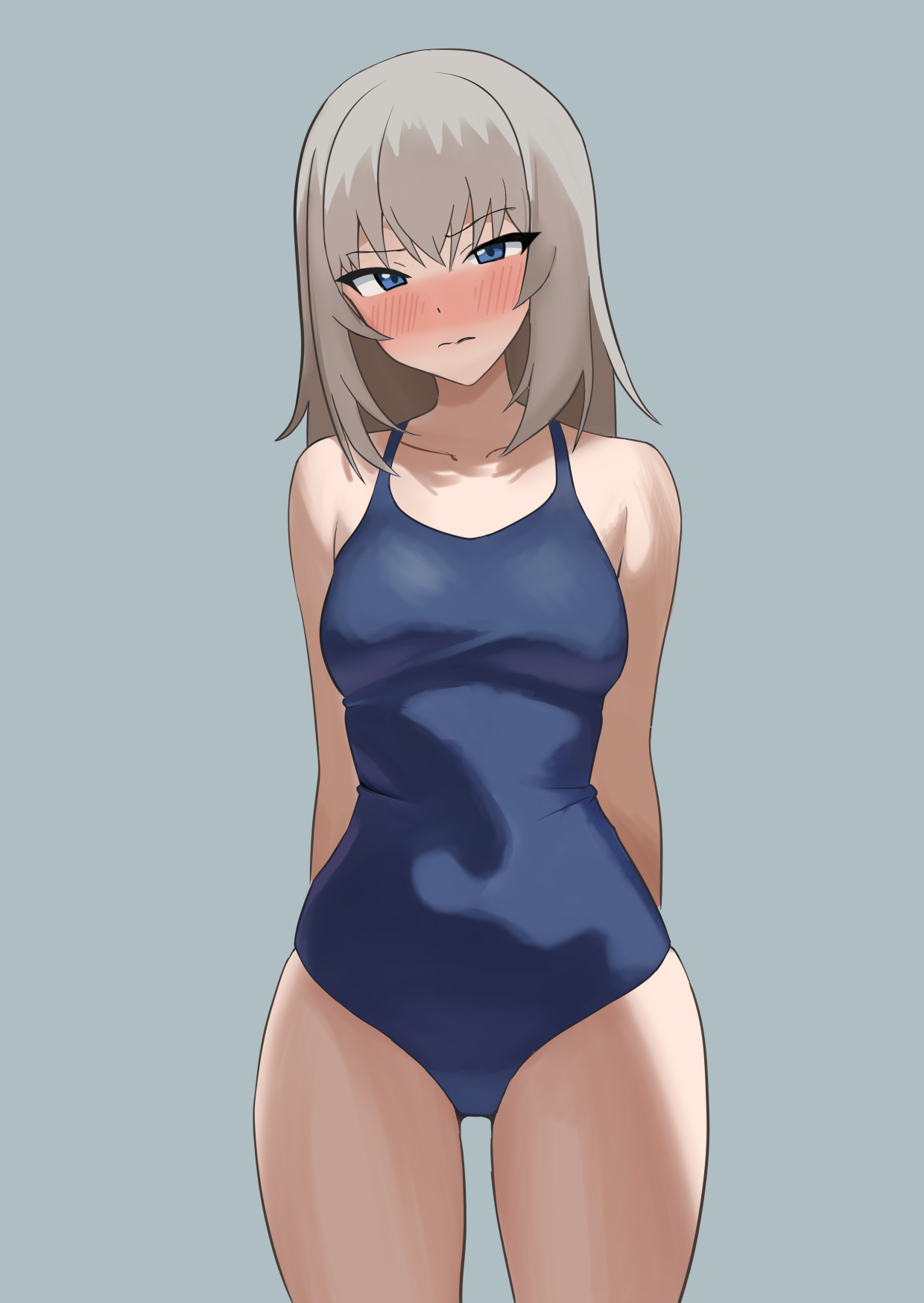 sesese mimi, itsumi erika, girls und panzer, highres, 1girl, arm behind back, blue eyes, blue one-piece swimsuit, breasts, grey background, grey hair, medium breasts, new school swimsuit, one-piece swimsuit, school swimsuit, simple background, solo, swimsuit