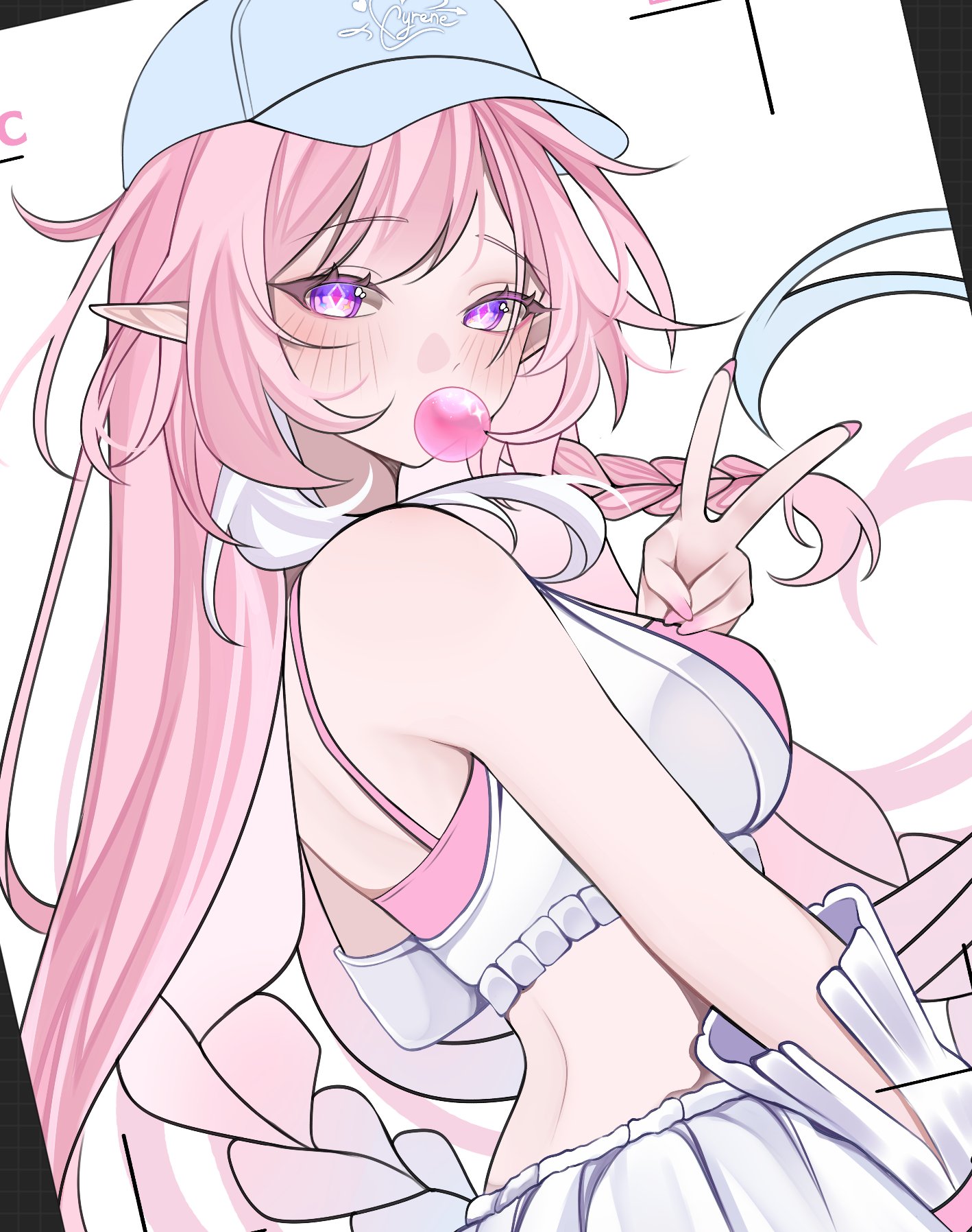 rosheil, cyrene (honkai: star rail), honkai: star rail, honkai (series), commentary, highres, unfinished, 1girl, baseball cap, blowing bubble gum, breasts, chewing gum, crop top, cyrene (anta) (honkai: star rail), cyrene (demiurge) (honkai: star rail), diamond-shaped pupils, diamond (shape), hat, large breasts, long hair, looking at viewer, multicolored hair, official alternate costume, pink hair, pointy ears, purple eyes, skirt, solo, symbol-shaped pupils, two-tone hair, v, very long hair, white hair, white skirt