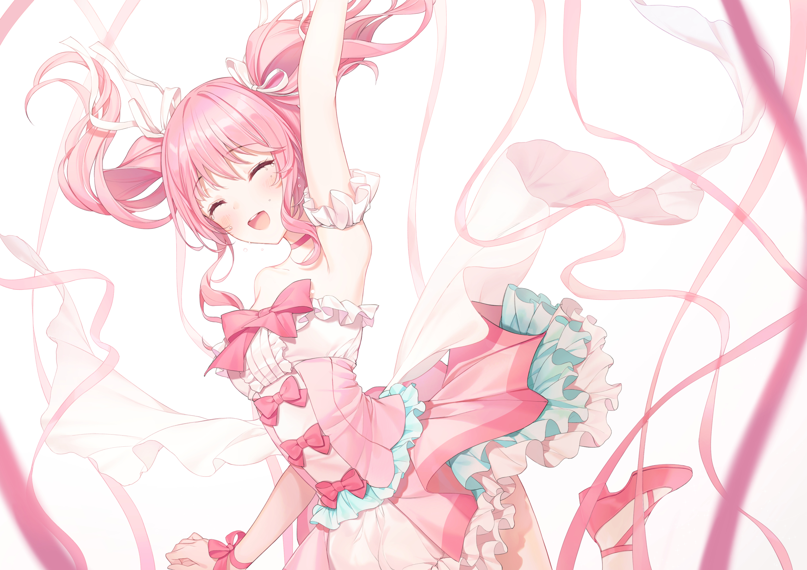 a20 (atsumaru), maruyama aya, bang dream!, highres, 1girl, arm up, armpits, bare shoulders, blush, bow, breasts, choker, closed eyes, collarbone, dress, dutch angle, floating hair, frilled dress, frills, hair ribbon, medium breasts, open mouth, pink bow, pink choker, pink dress, pink eyes, pink ribbon, pink shoes, ribbon, shoes, smile, strapless, strapless dress, sweat, tearing up, twintails, upper body, white background, white ribbon, wrist ribbon
